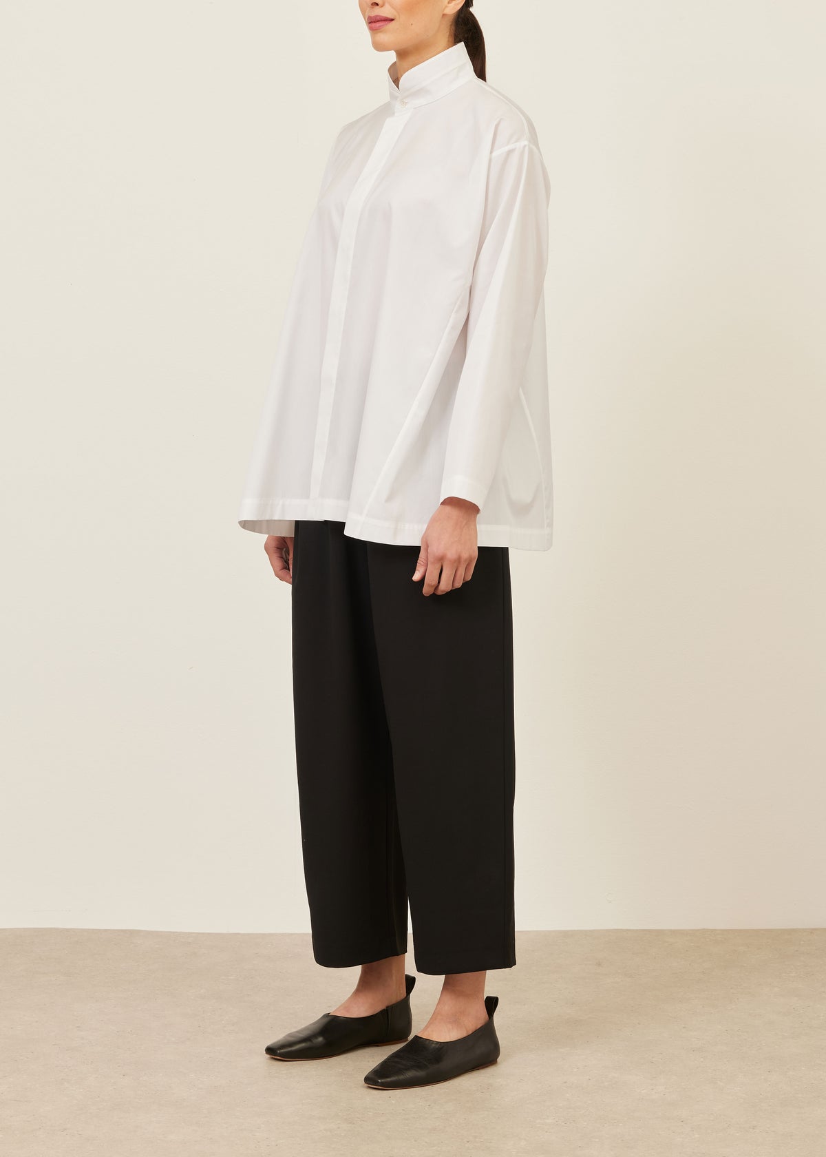 cotton side panelled shirt with double stand collar - long