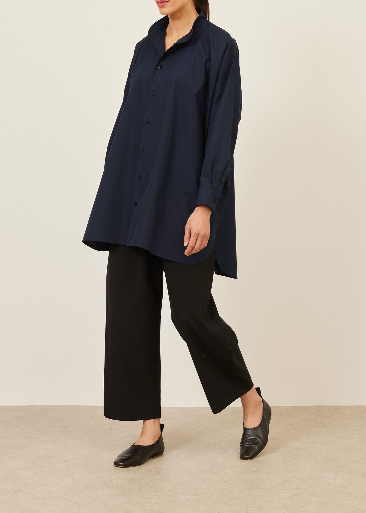 cotton wide a-line collarless classic shirt - long plus