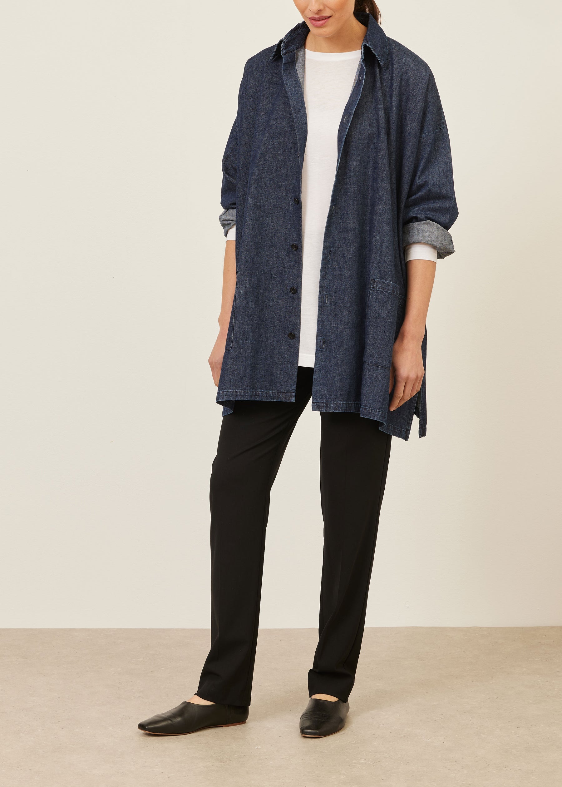 cotton denim wide a-line shirt jacket with collar - long plus