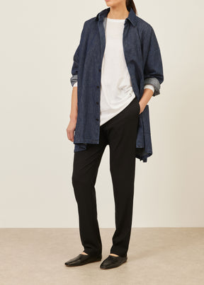 cotton denim wide a-line shirt jacket with collar - long plus