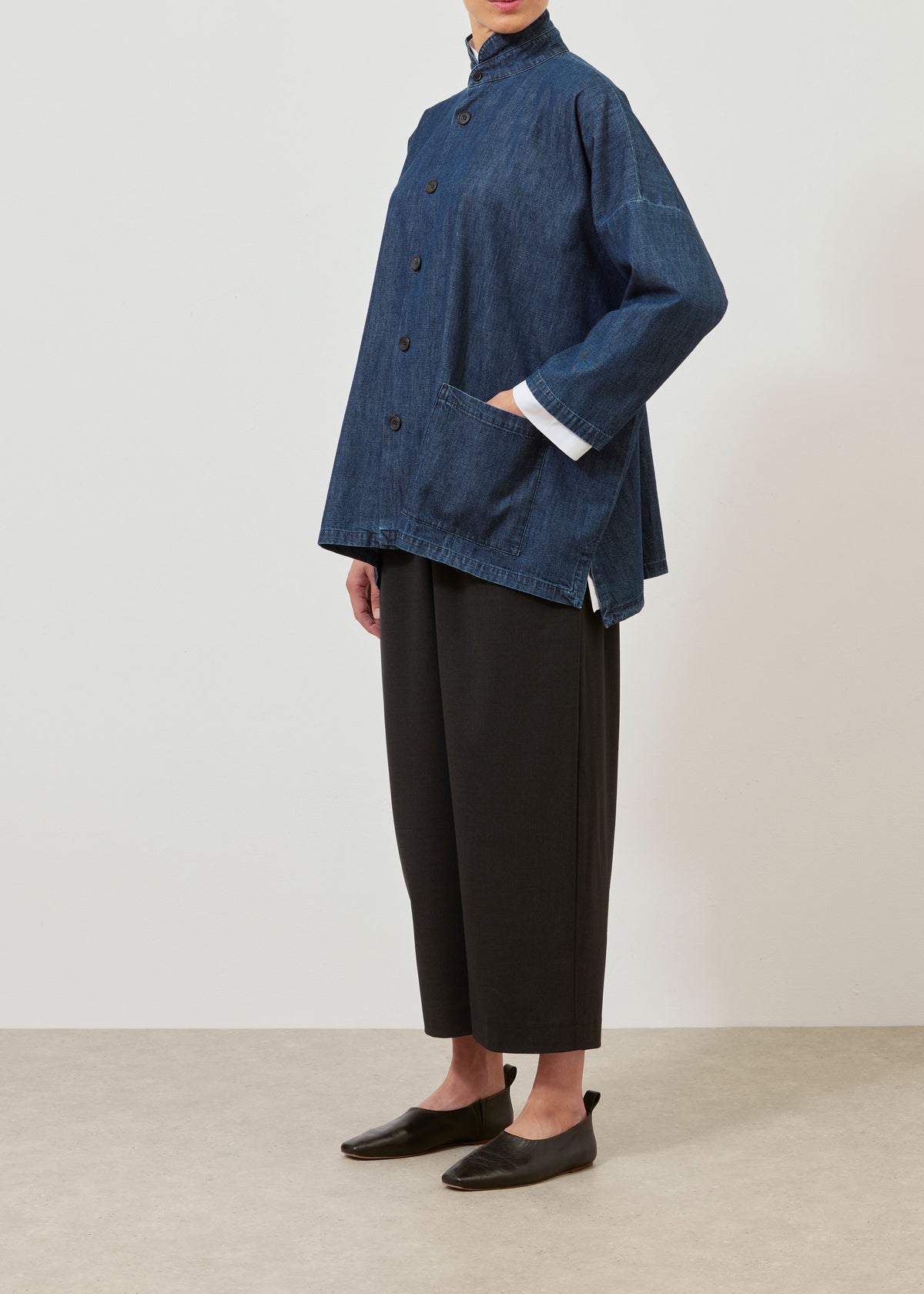 cotton denim wide longer back double stand jacket - long