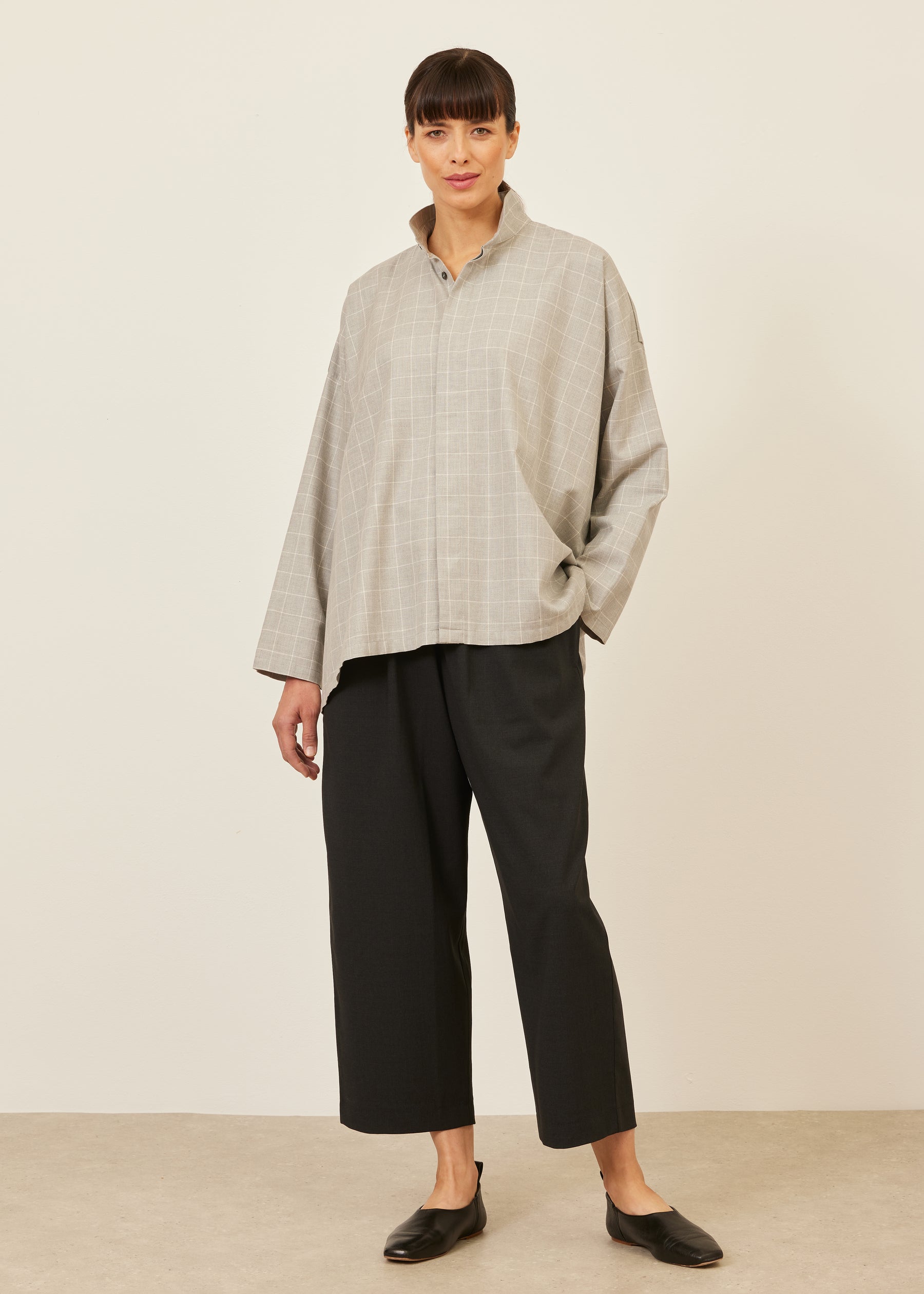 cotton wide a-line shirt with double stand collar - mid plus