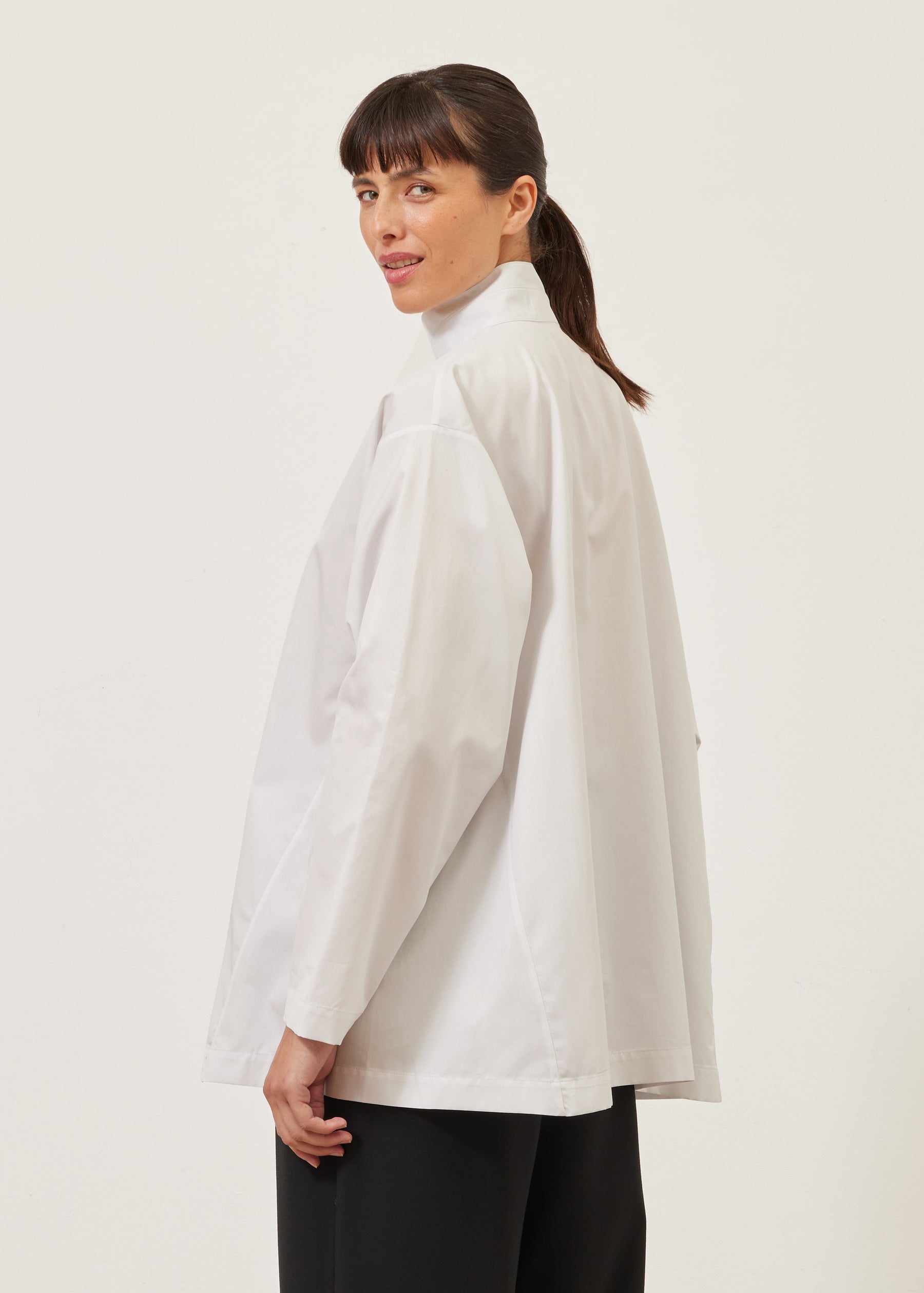 cotton side panelled shirt with double stand collar - long