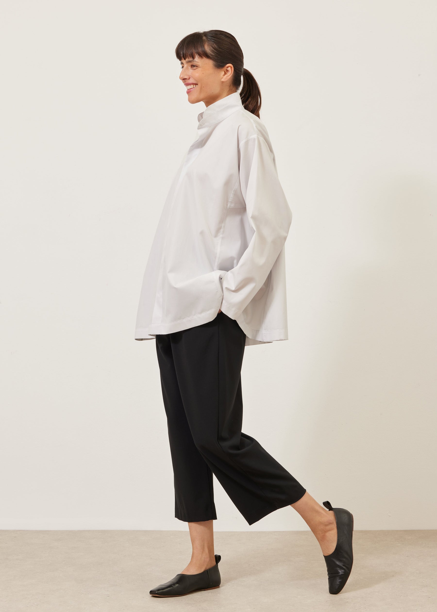 cotton side panelled shirt with double stand collar - long