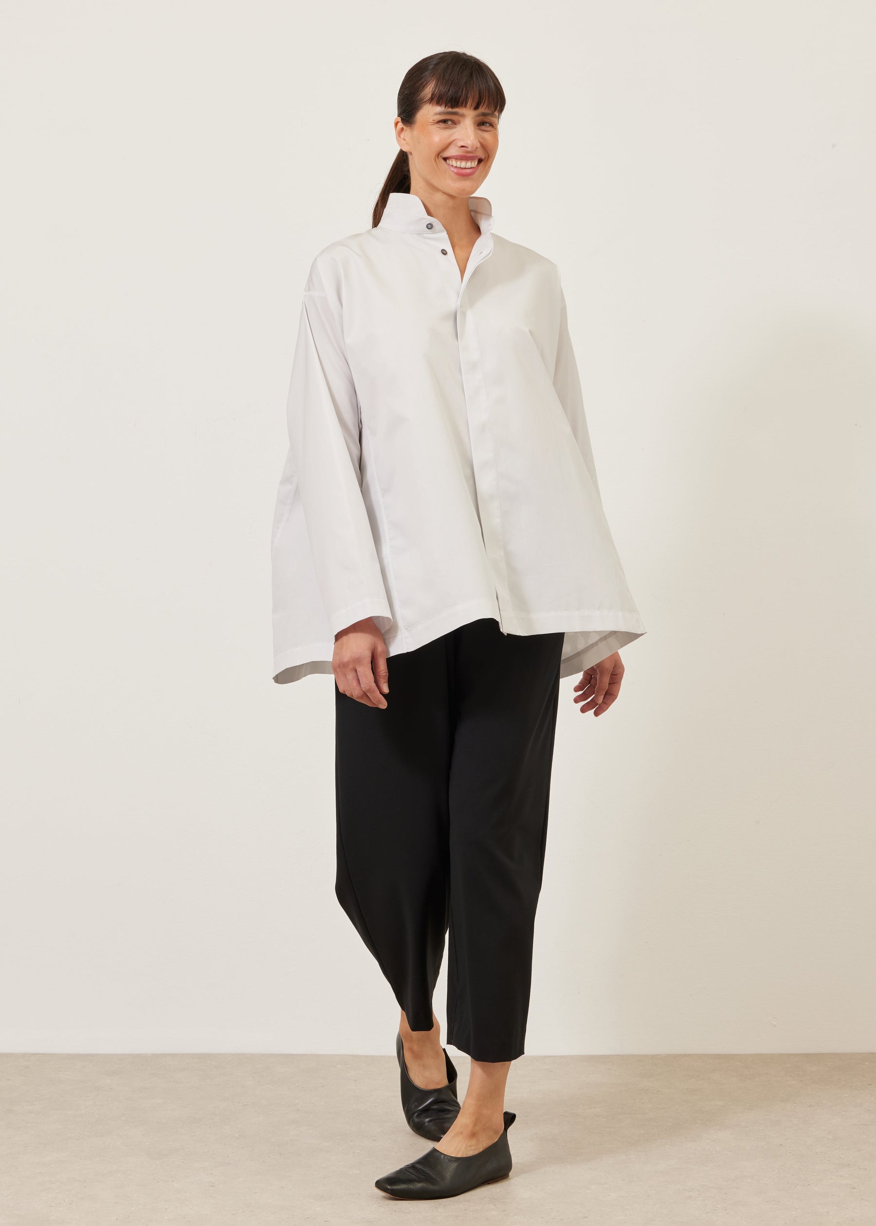 cotton side panelled shirt with double stand collar - long