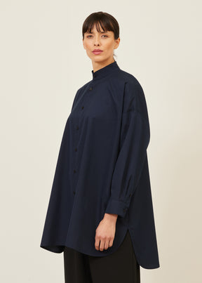 cotton wide a-line collarless classic shirt - long plus