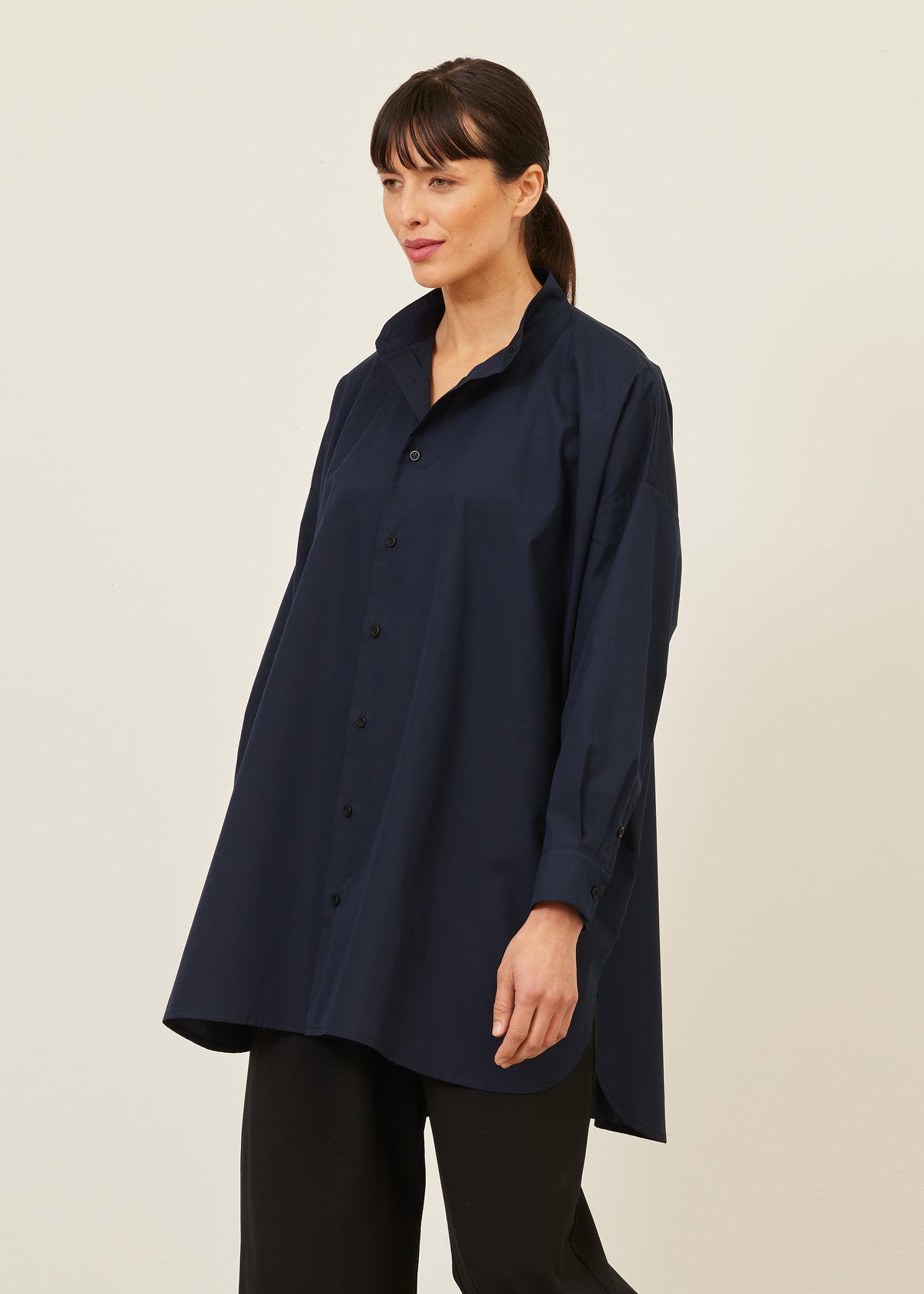 cotton wide a-line collarless classic shirt - long plus