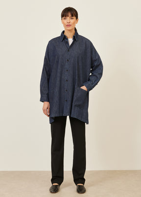 cotton denim wide a-line shirt jacket with collar - long plus