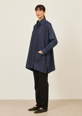 cotton denim wide a-line shirt jacket with collar - long plus