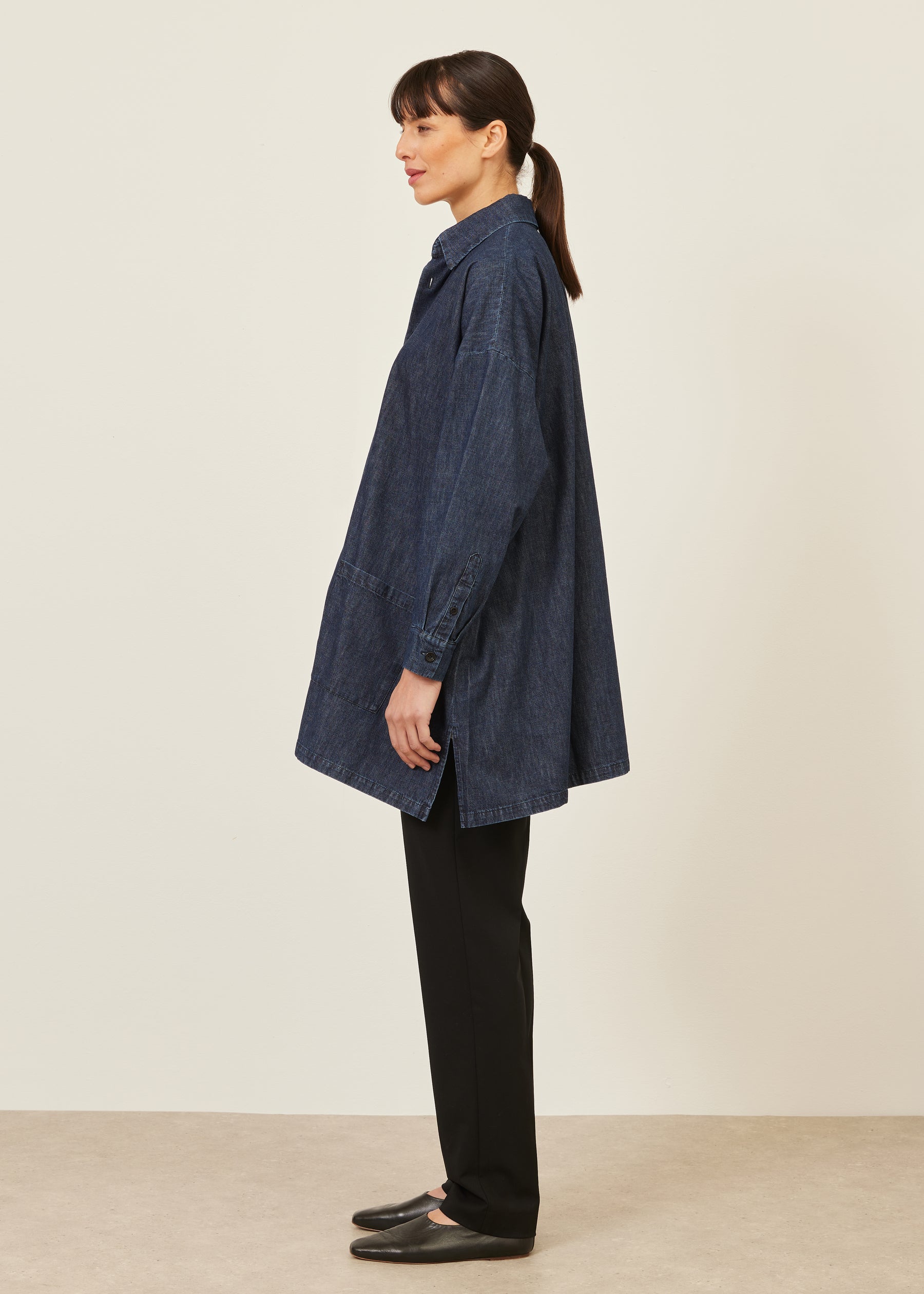 cotton denim wide a-line shirt jacket with collar - long plus