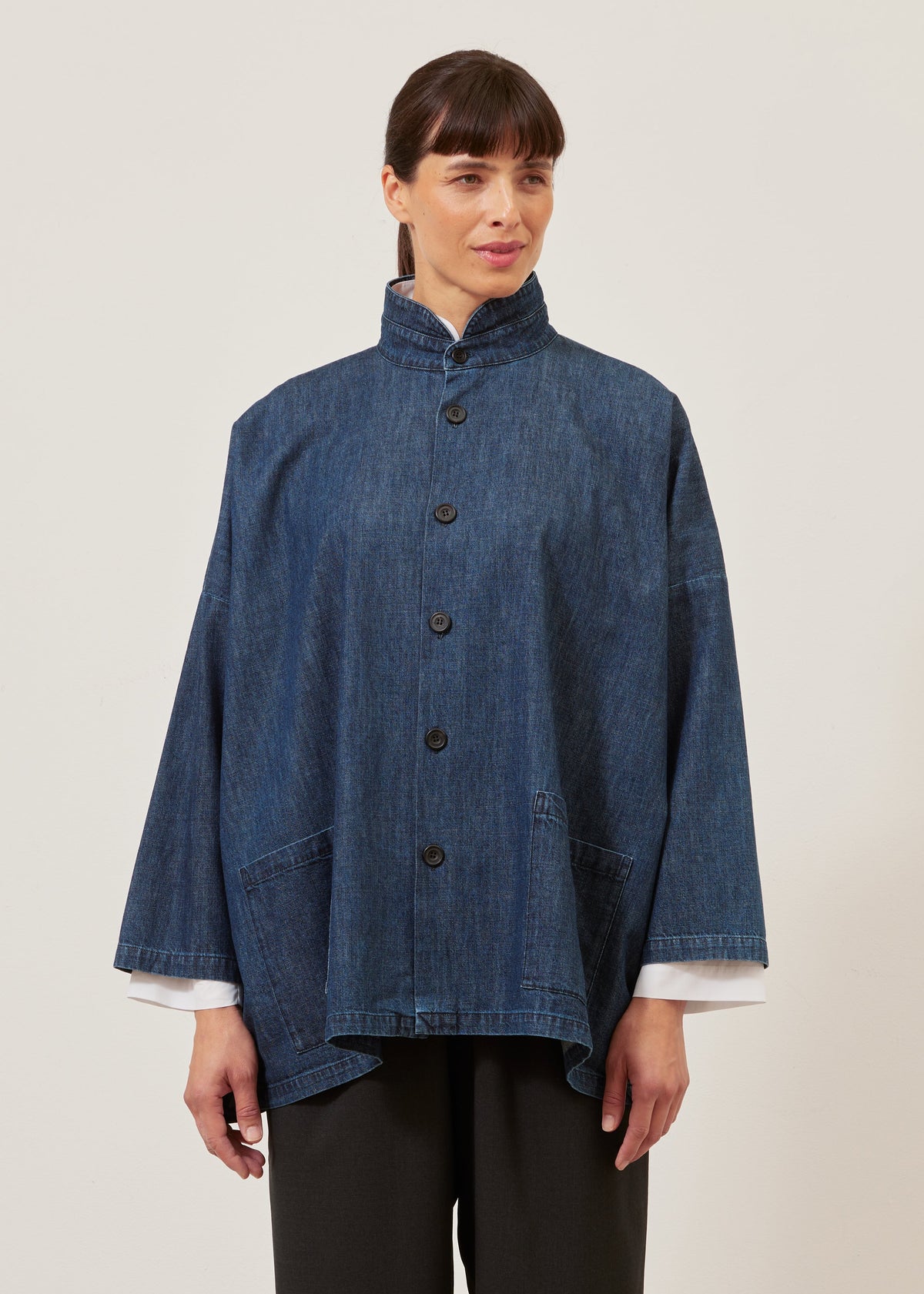 cotton denim wide longer back double stand jacket - long