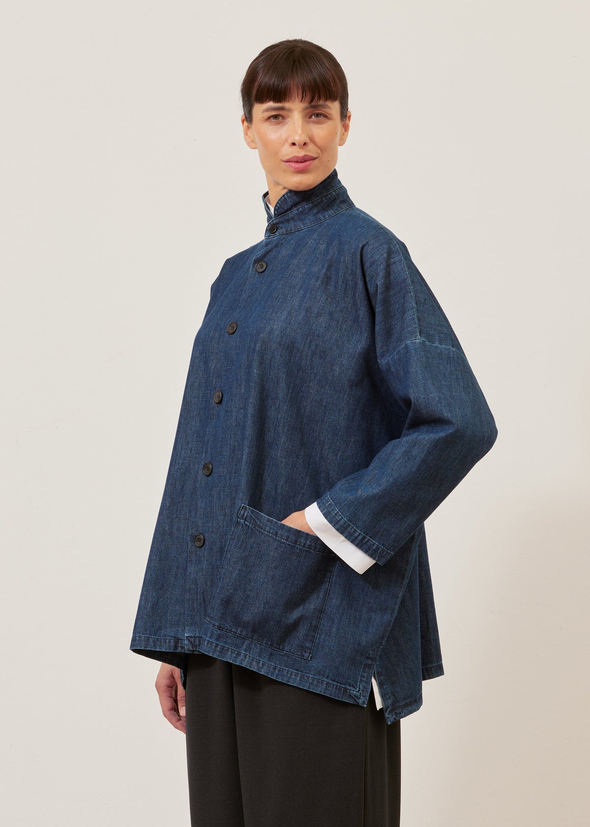 cotton denim wide longer back double stand jacket - long