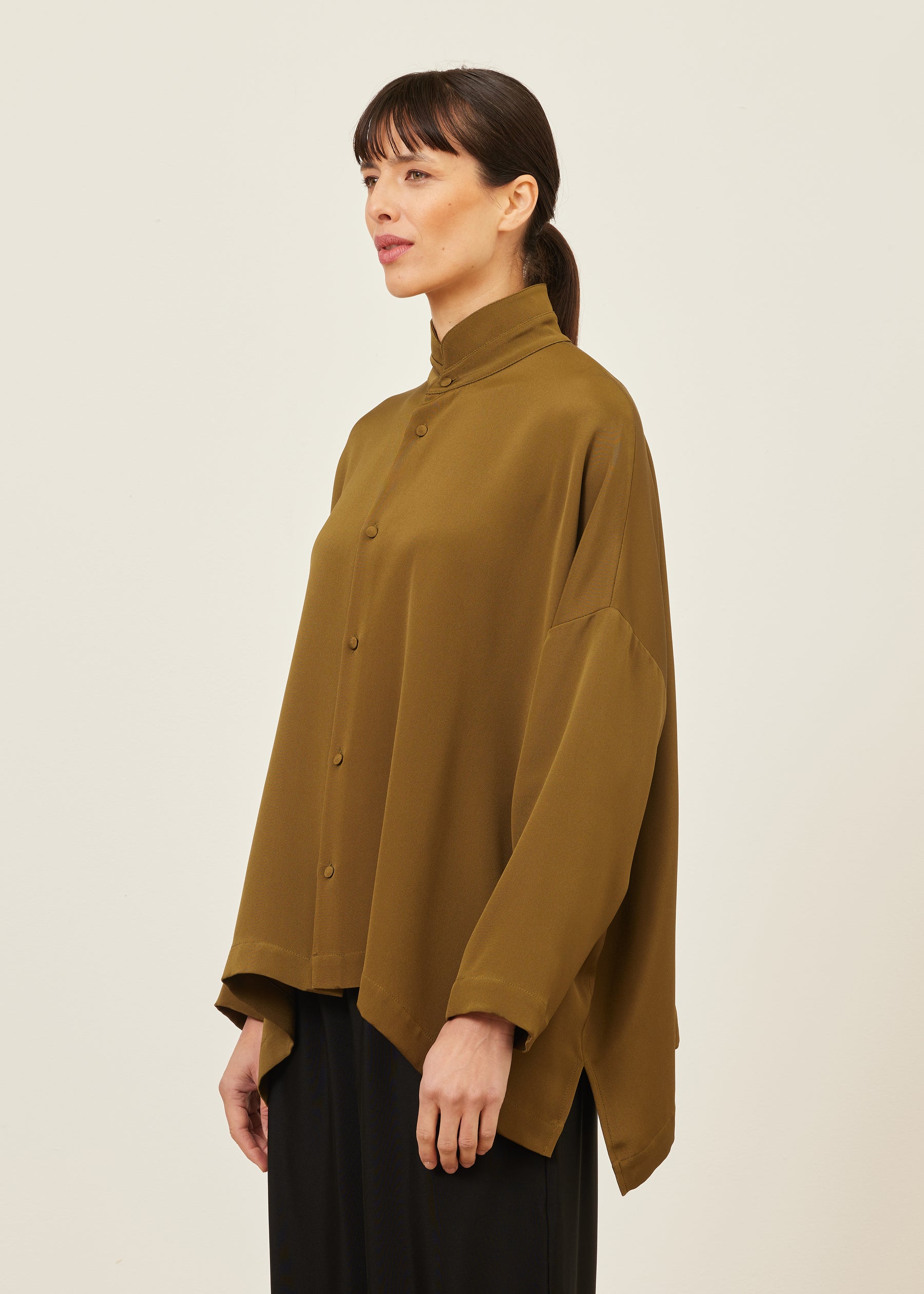 silk wide longer back double stand collar shirt - mid plus