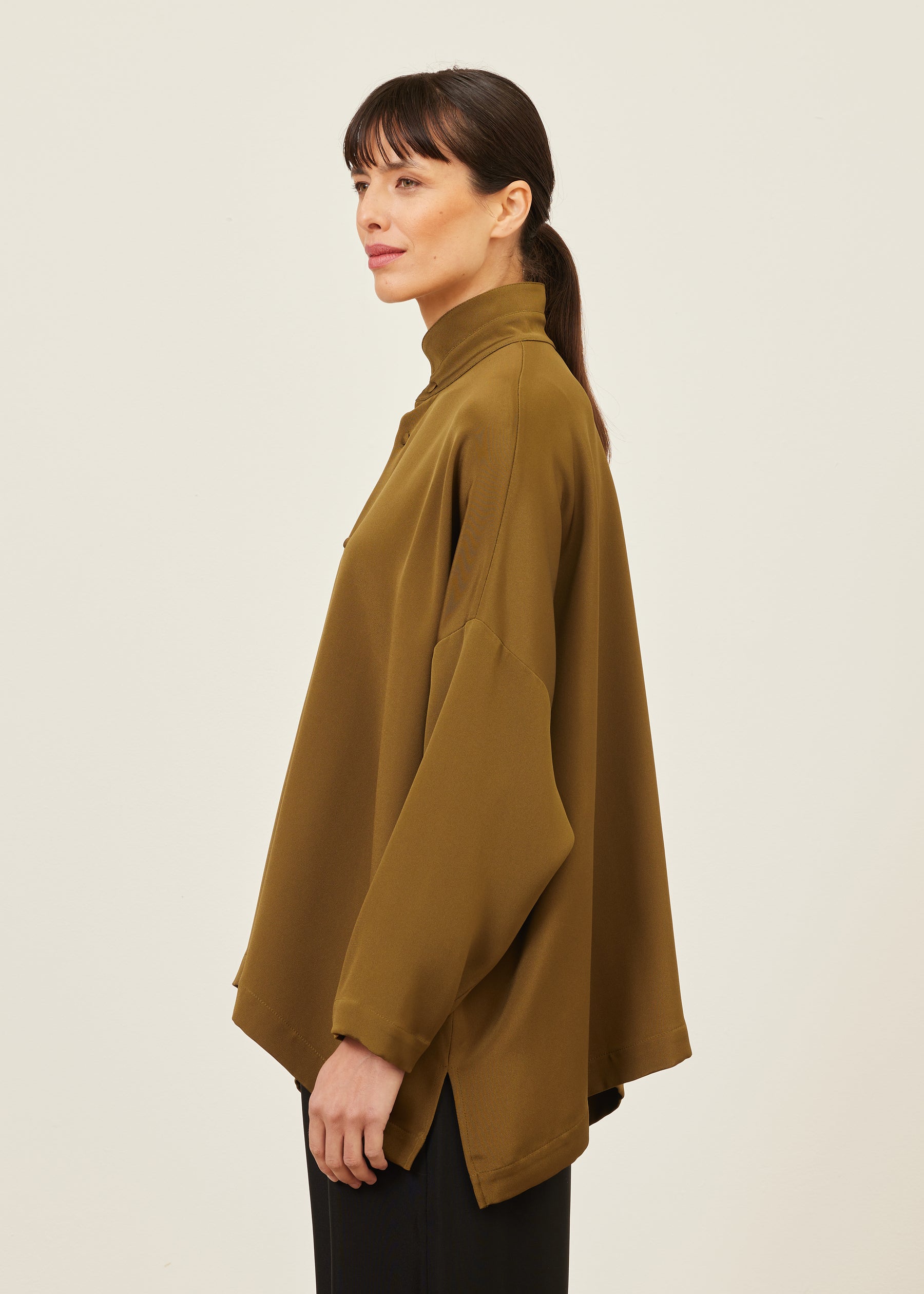 silk wide longer back double stand collar shirt - mid plus