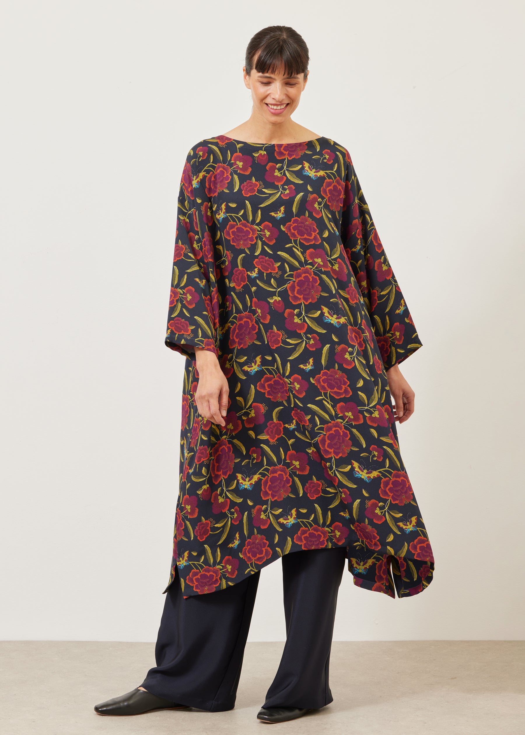 silk 3/4 sleeve wide A-line scoop neck dress