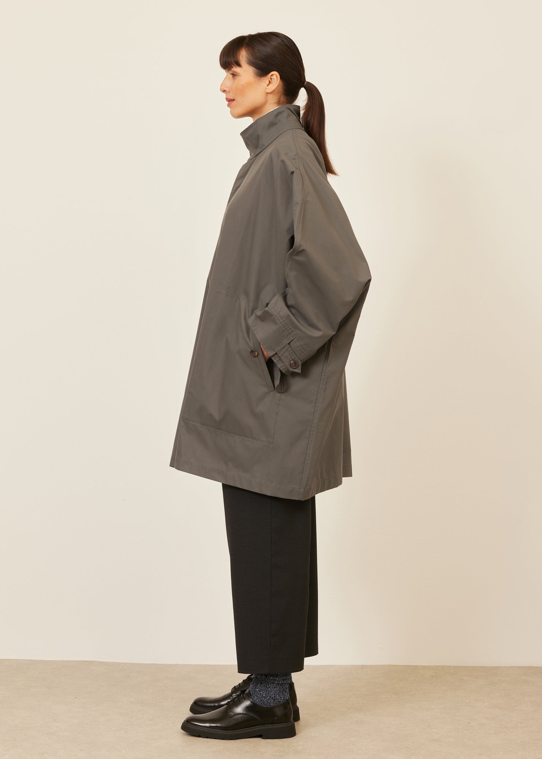 cotton mix extra wide sloped shoulder raincoat with tabs - very long