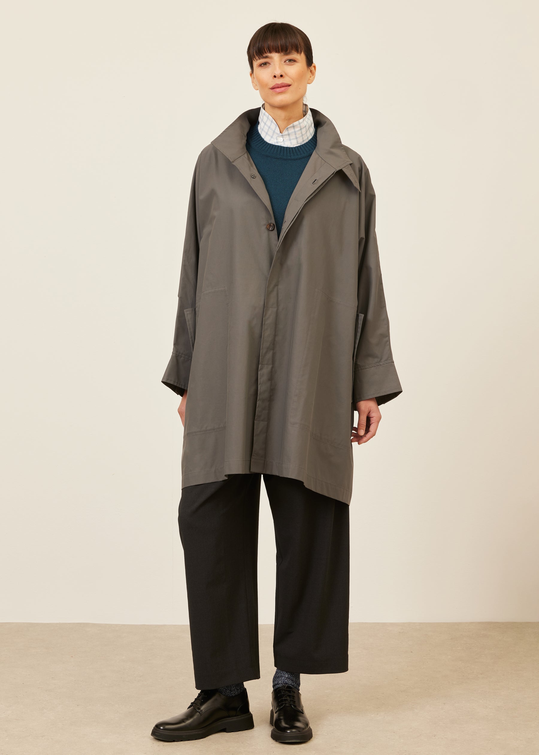 extra wide sloped shoulder raincoat with tabs - very long