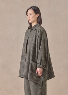 wool silk mix wide A-line shirt jacket with collar - long