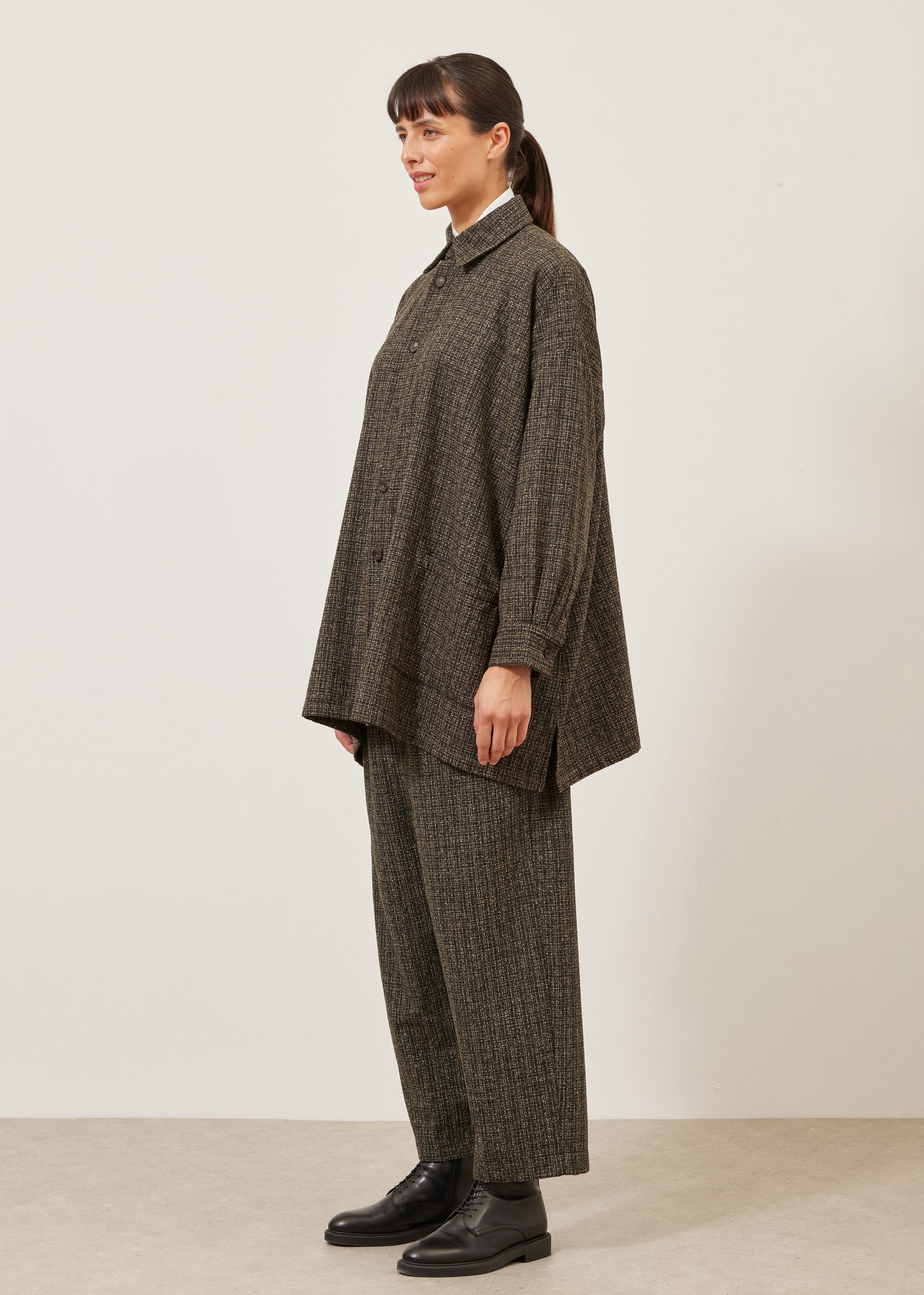 wool silk mix wide A-line shirt jacket with collar - long