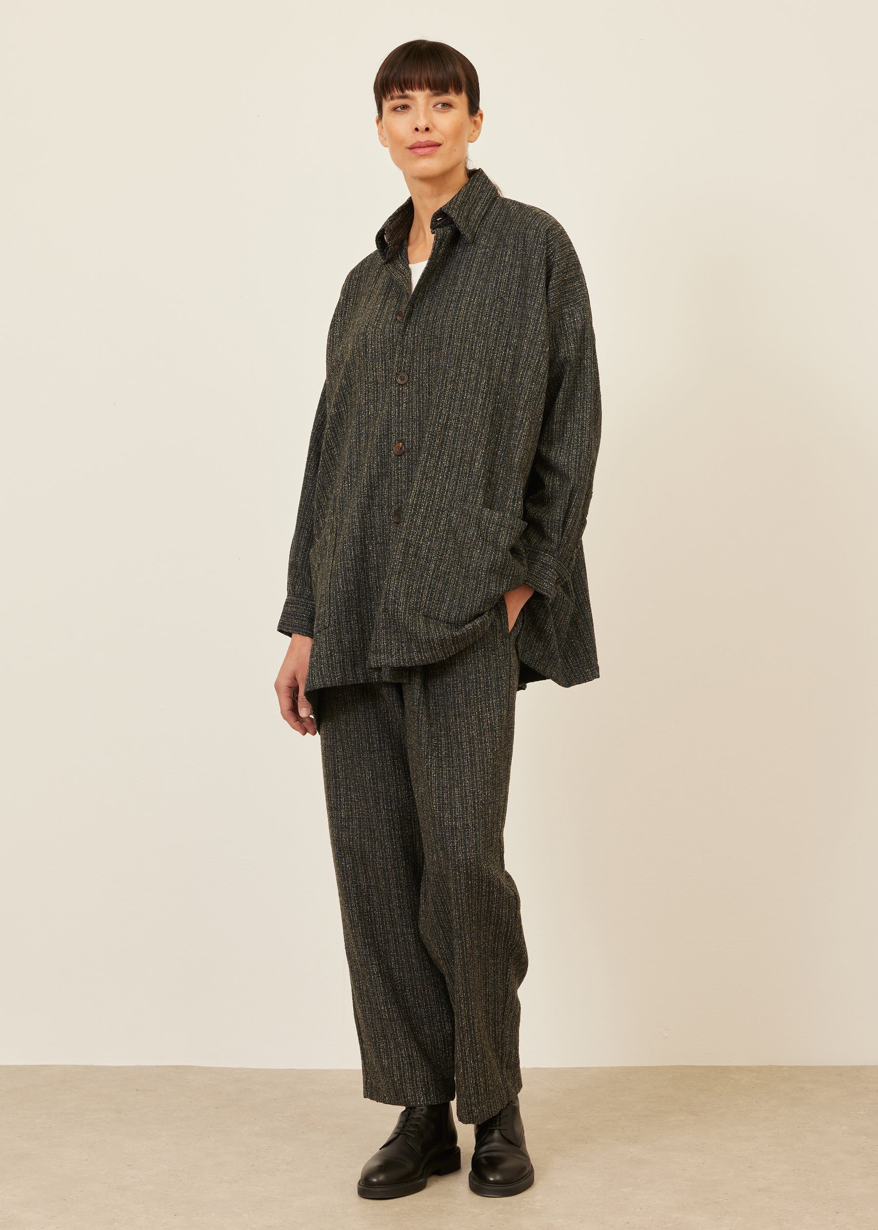 wool silk mix wide A-line shirt jacket with collar - long