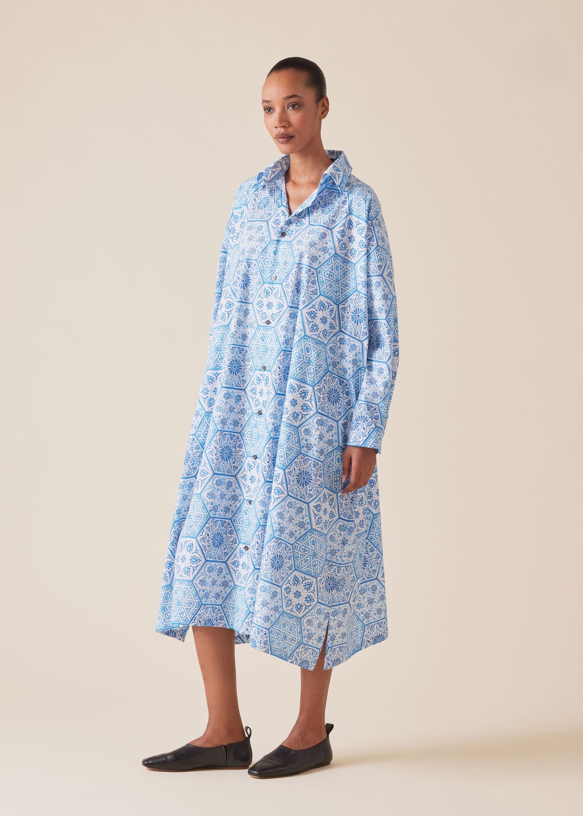 cotton wide a-line shirt dress with collar