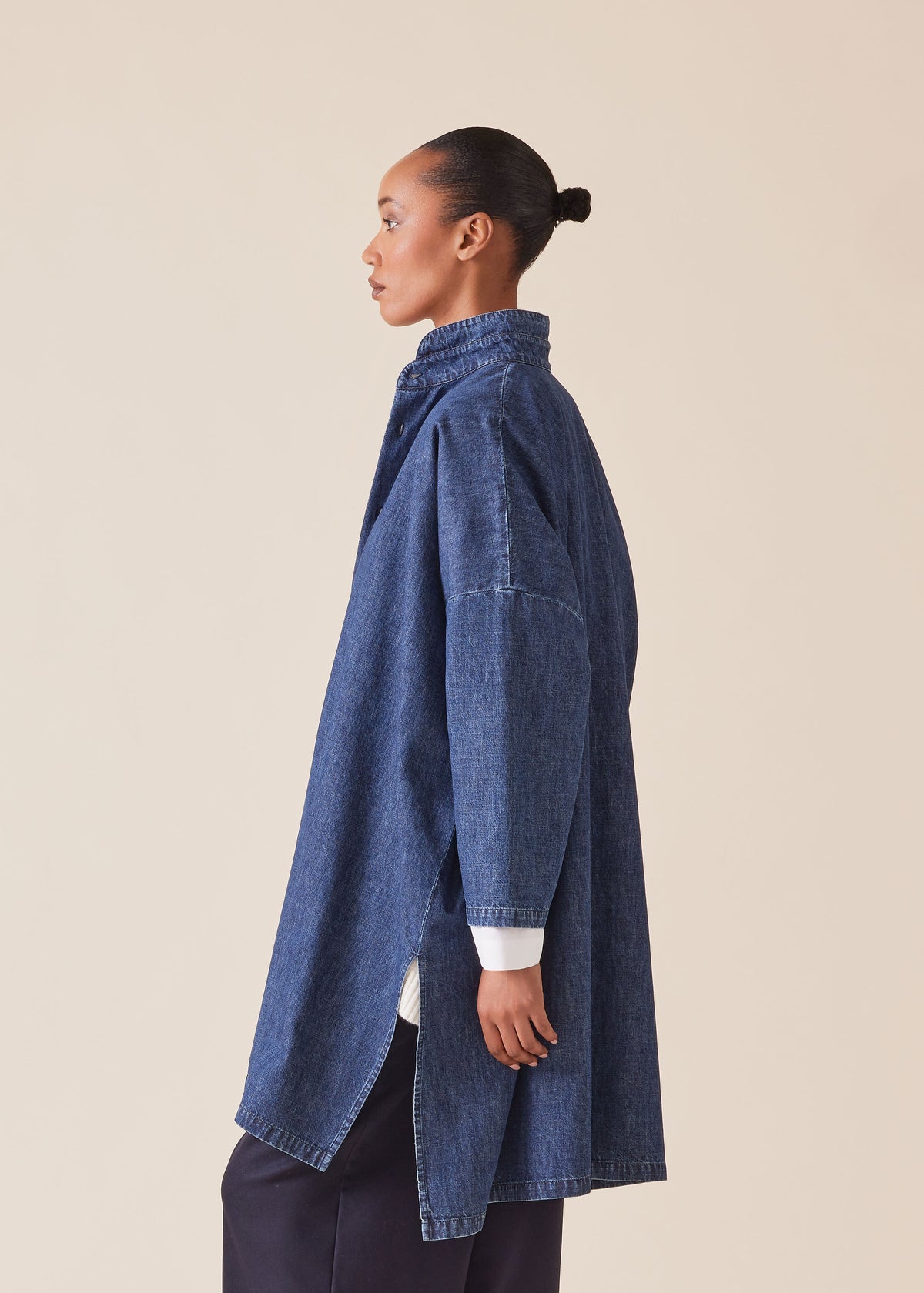 cotton denim wide longer back double stand collar shirt - very long with slits