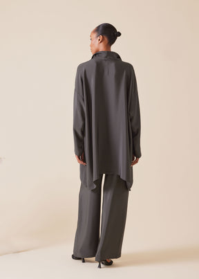 silk wide a-line shirt with open standup collar  - long plus