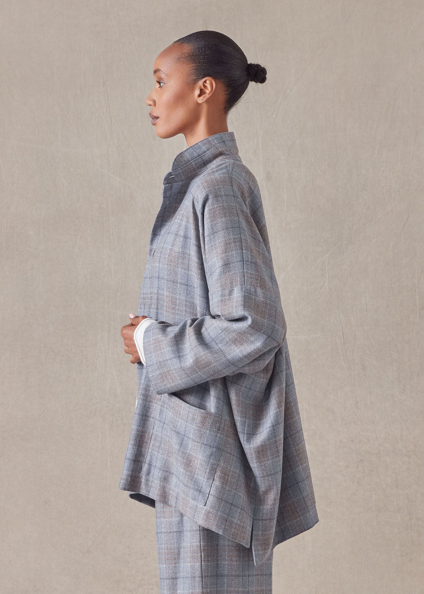 wool wide longer back double stand collar jacket - long