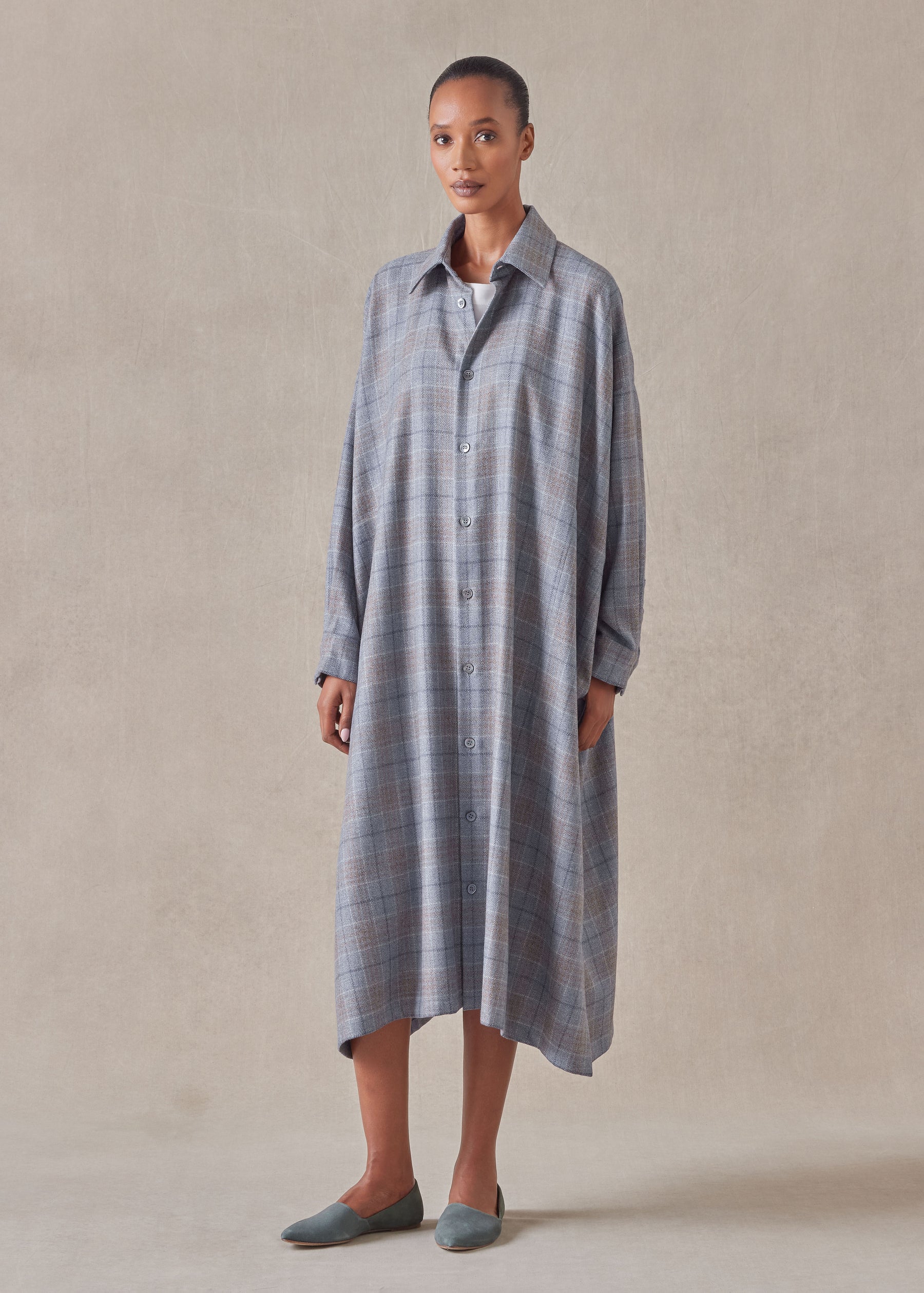 wool wide a-line shirt dress with collar