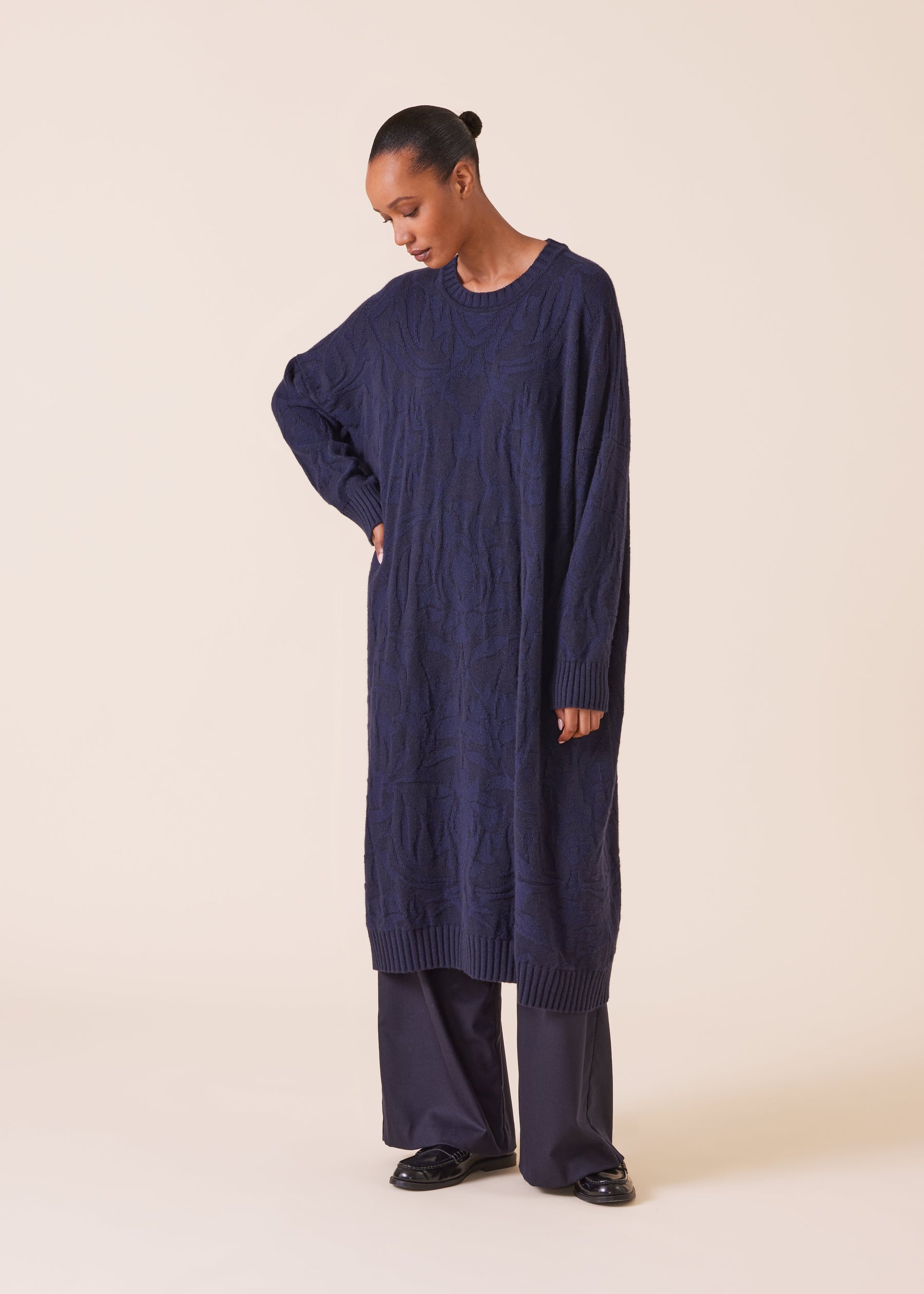 cashmere wide a-line round neck knit dress