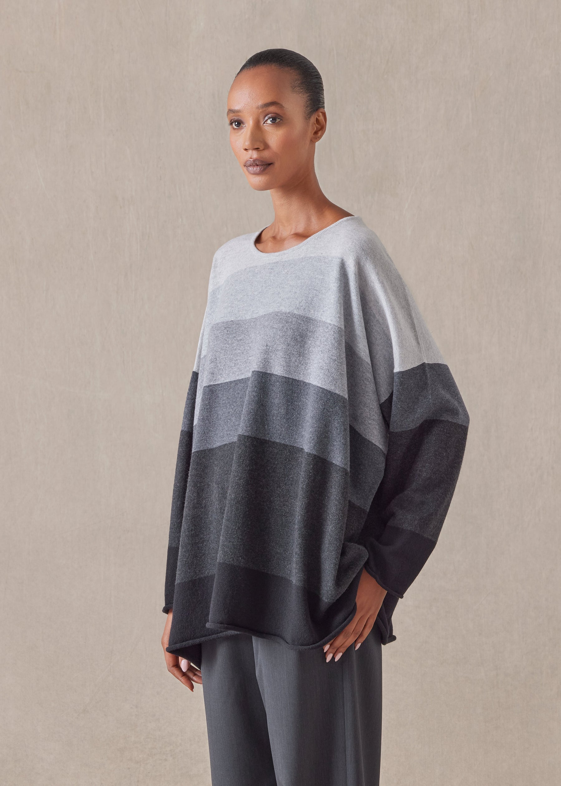 cashmere a-line bateau neck ombre stripe sweater - long