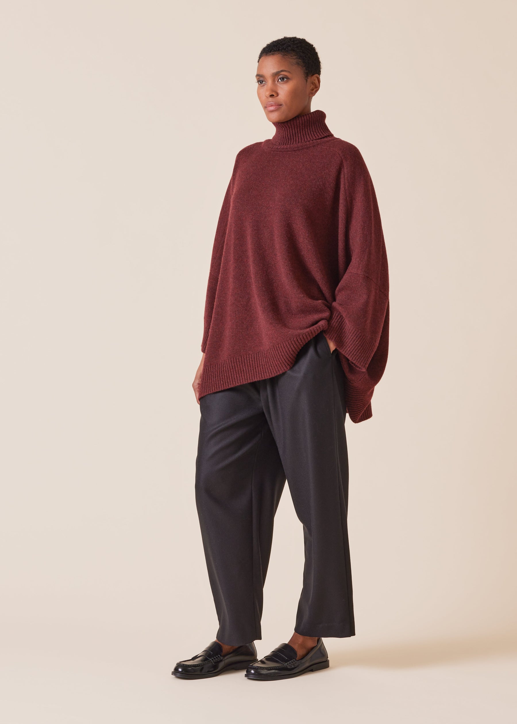 cashmere sloped shoulder roll neck sweater - long