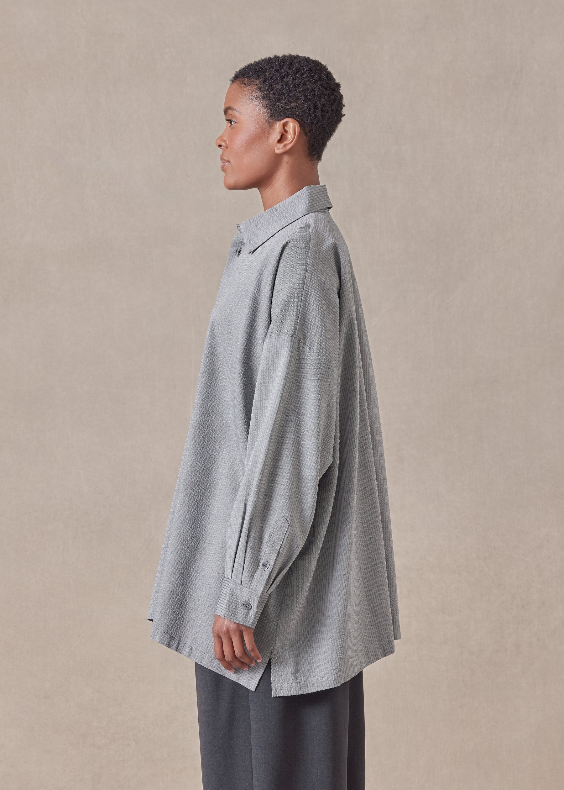 cotton wide a-line shirt with collar - long