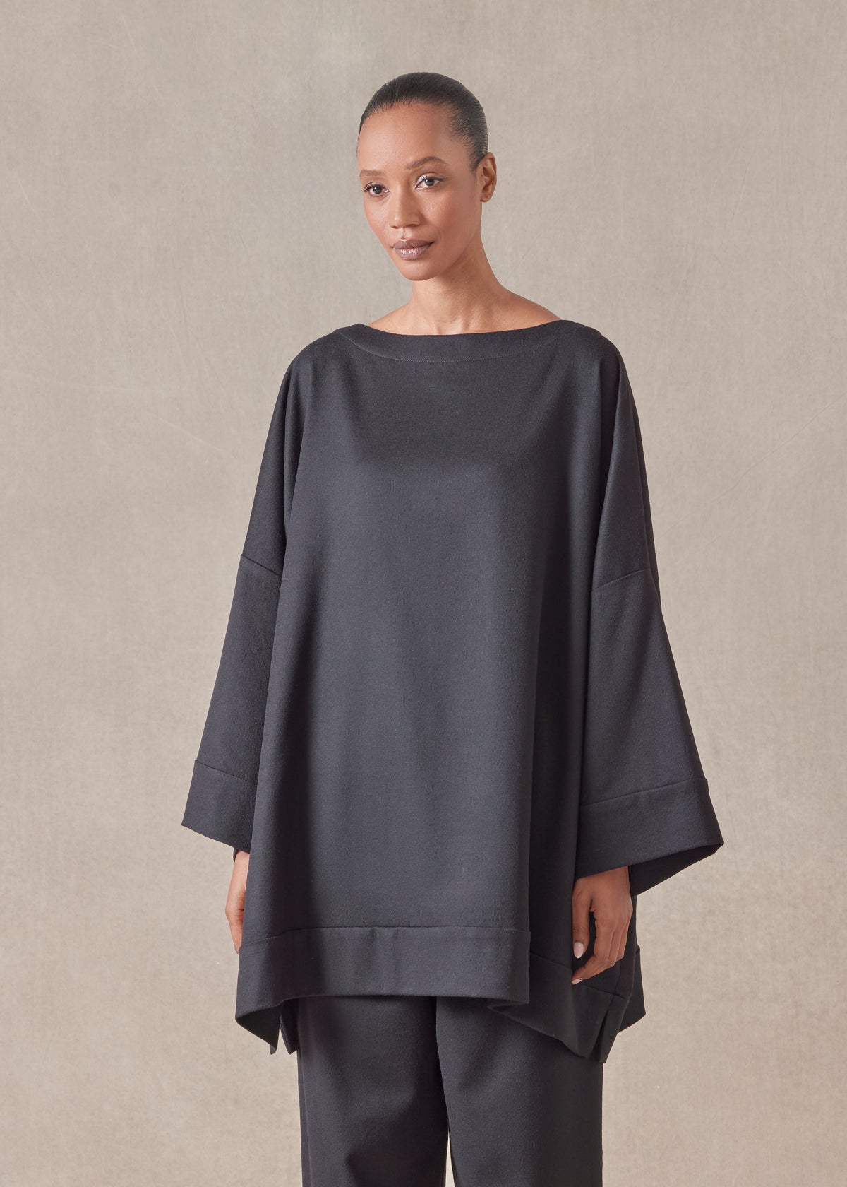 cashmere sloped shoulder scoop neck poncho with hembands - long plus