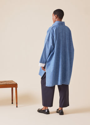 cotton denim wide longer back double stand collar shirt - very long with slits