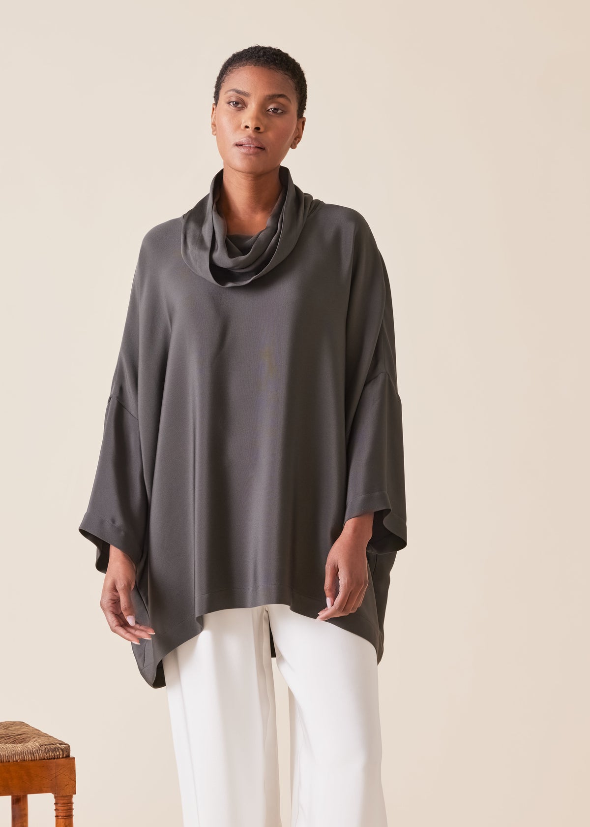 silk sloped shoulder cowl neck top - long (3/4 sleeves)