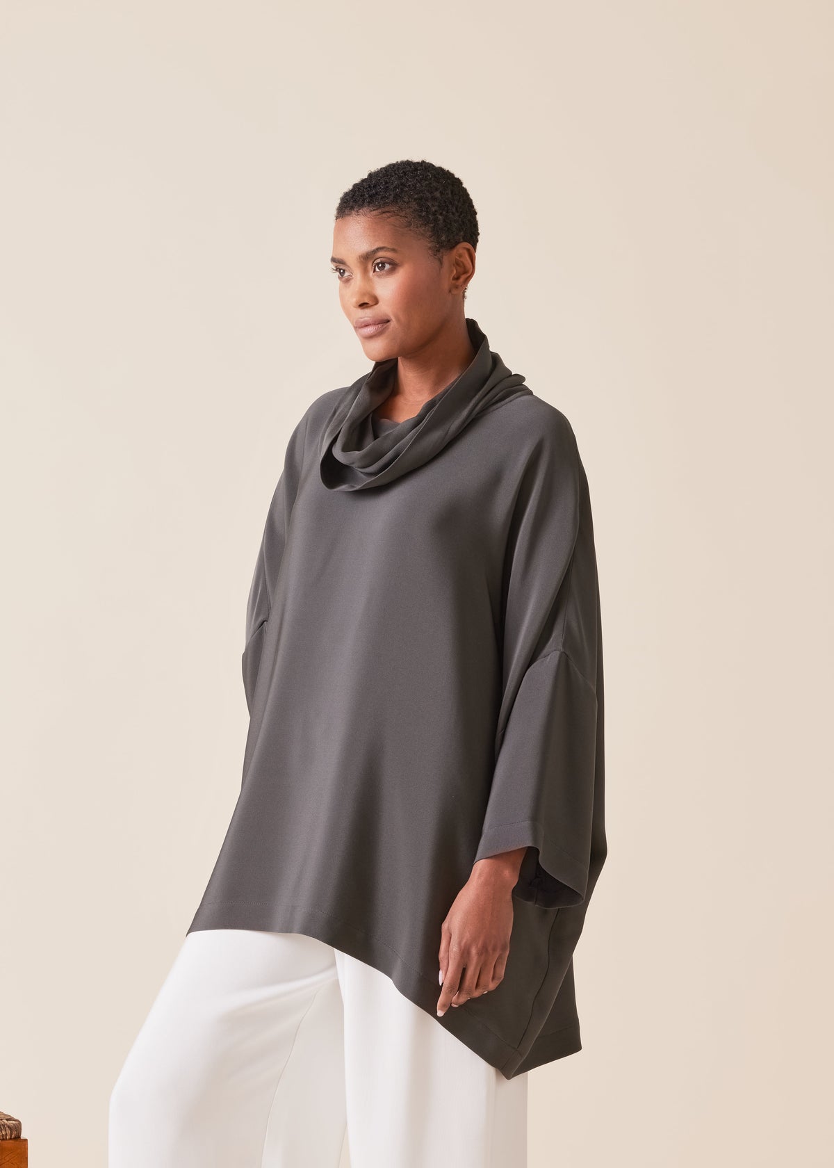 silk sloped shoulder cowl neck top - long (3/4 sleeves)