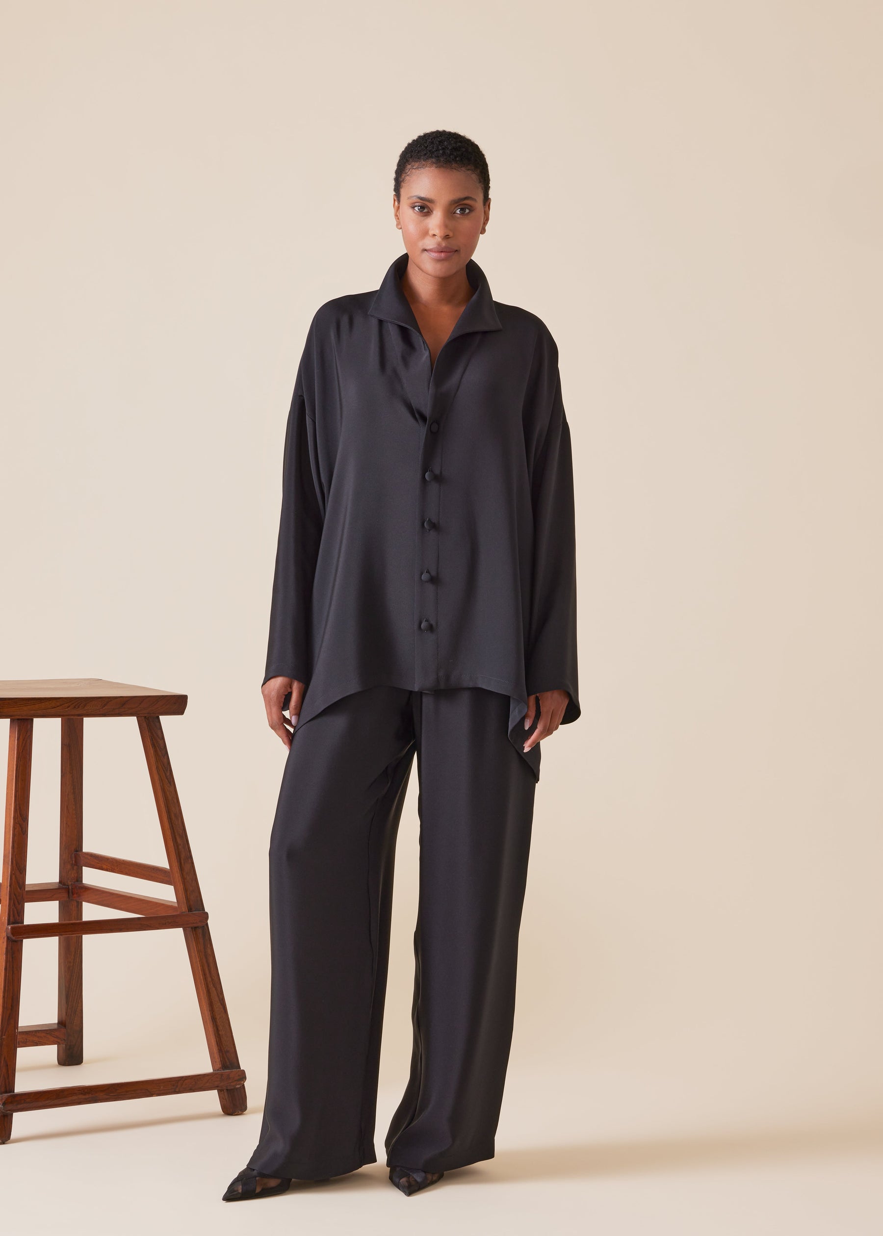 silk wide a-line shirt with open standup collar  - mid plus