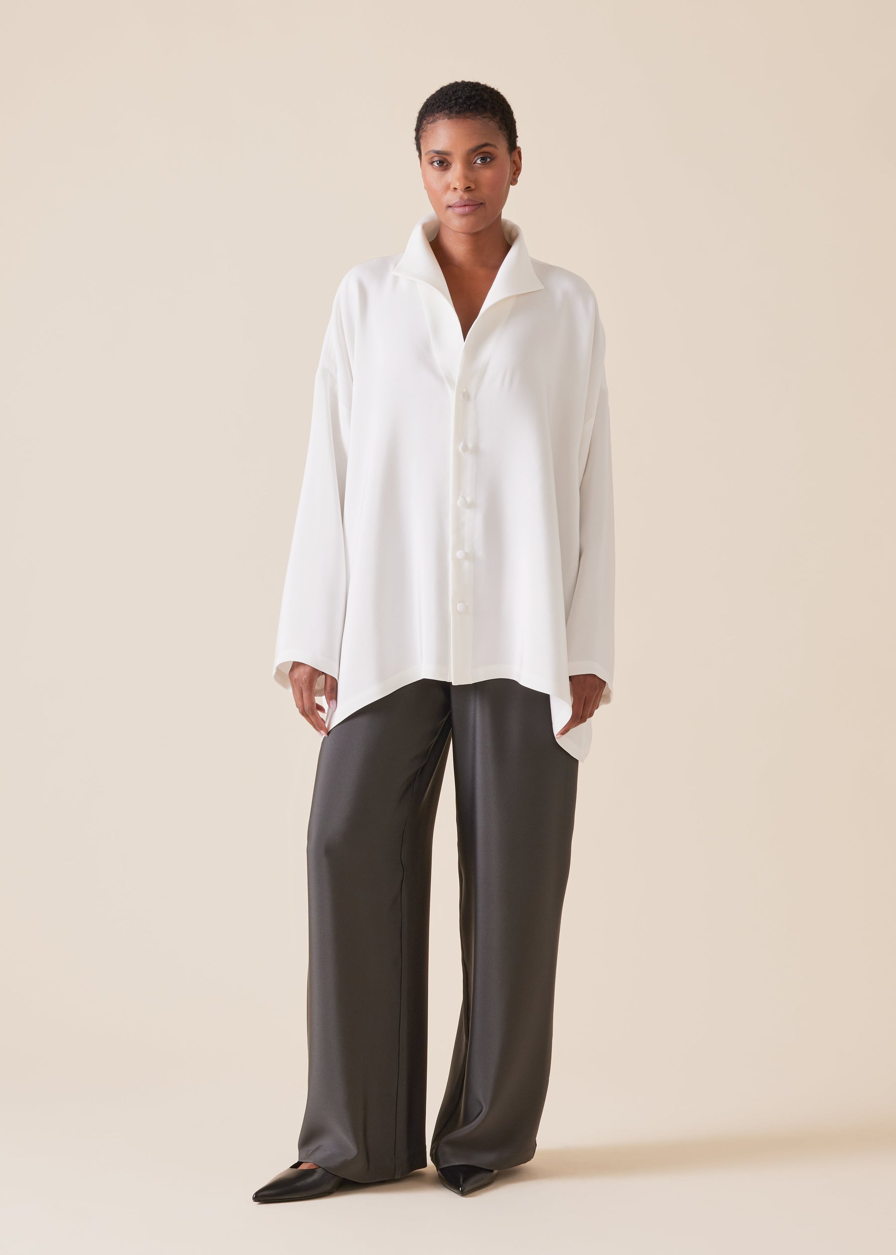 silk wide a-line shirt with open standup collar  - mid plus