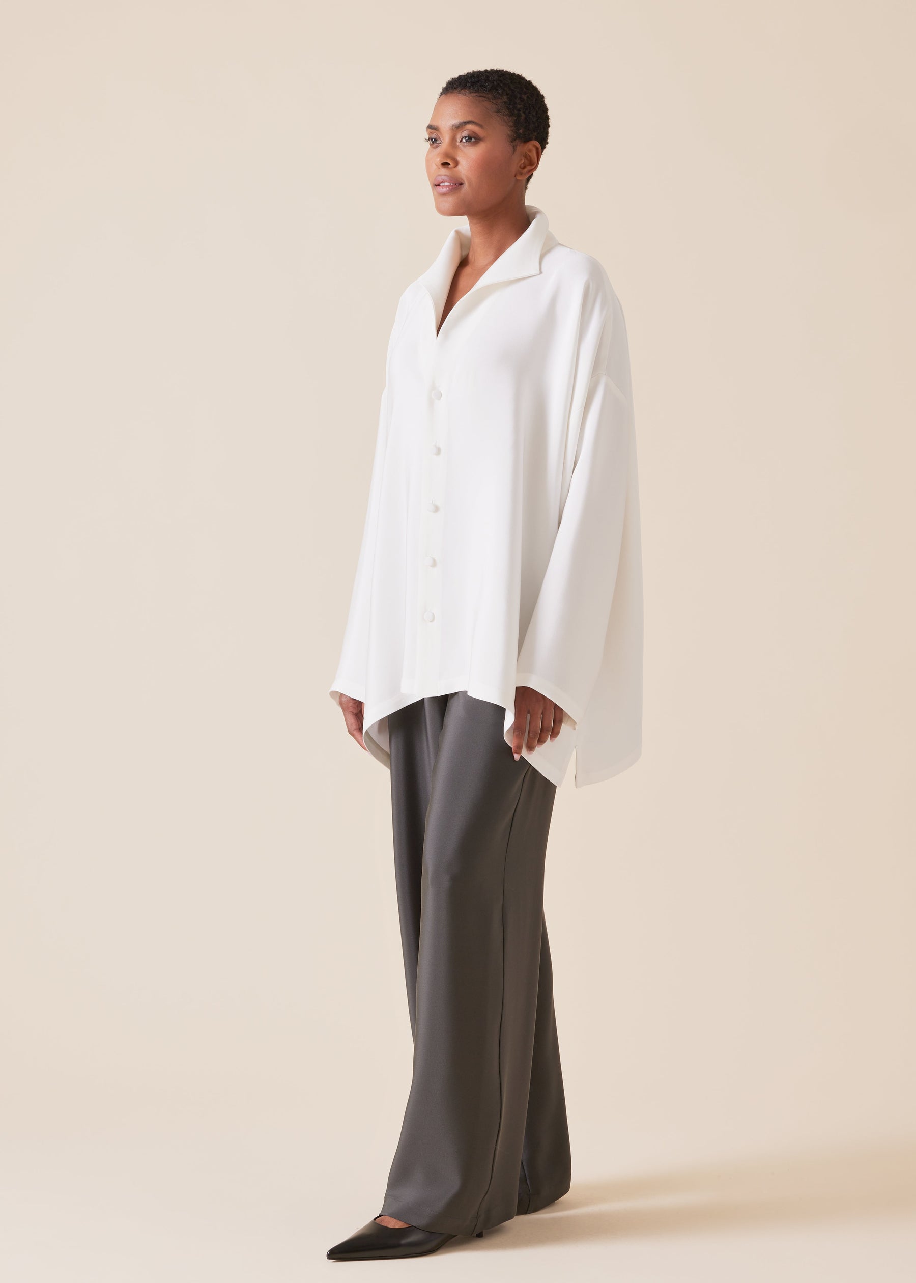 silk wide a-line shirt with open standup collar  - mid plus