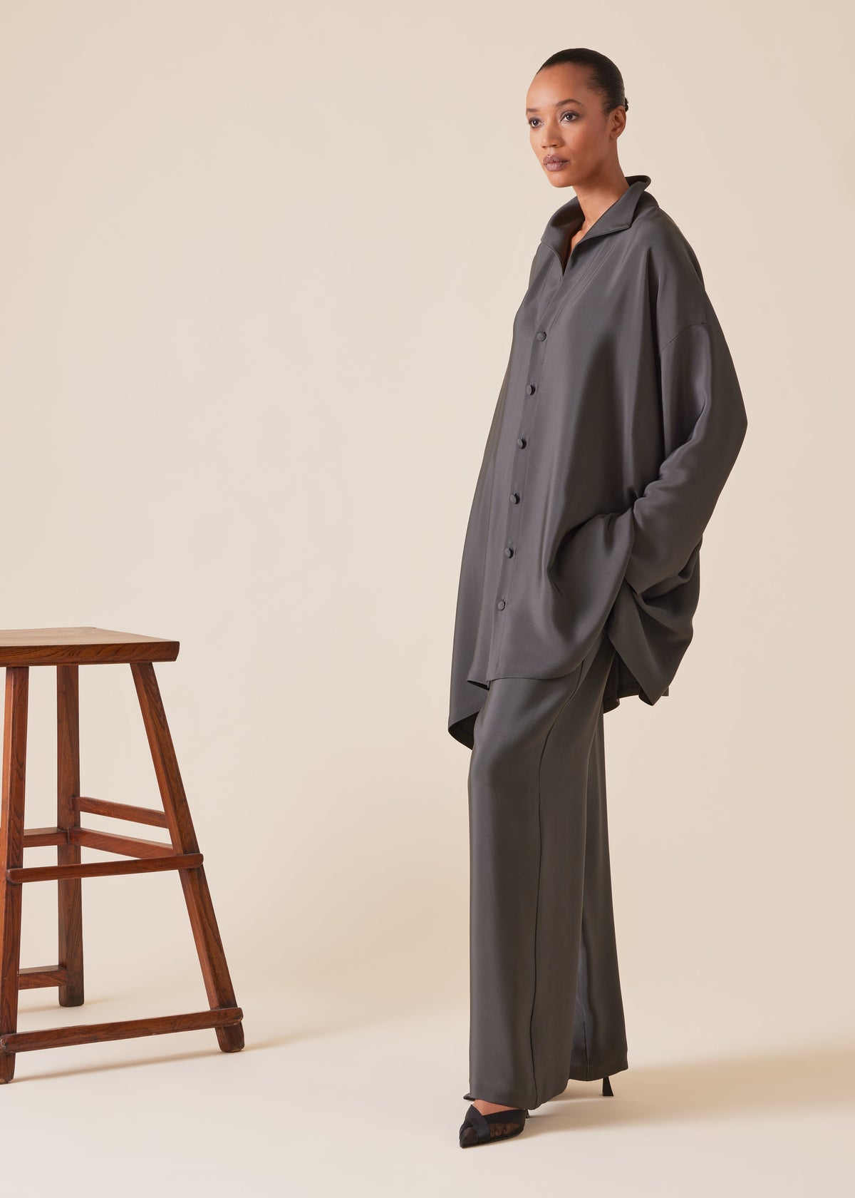 wide a-line shirt with open standup collar  - long plus