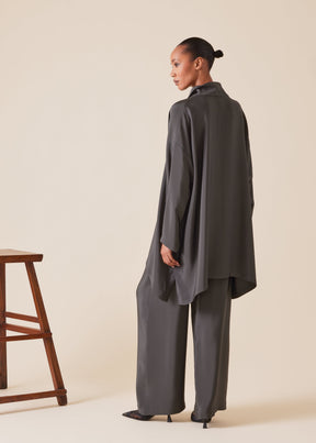 silk wide a-line shirt with open standup collar  - long plus