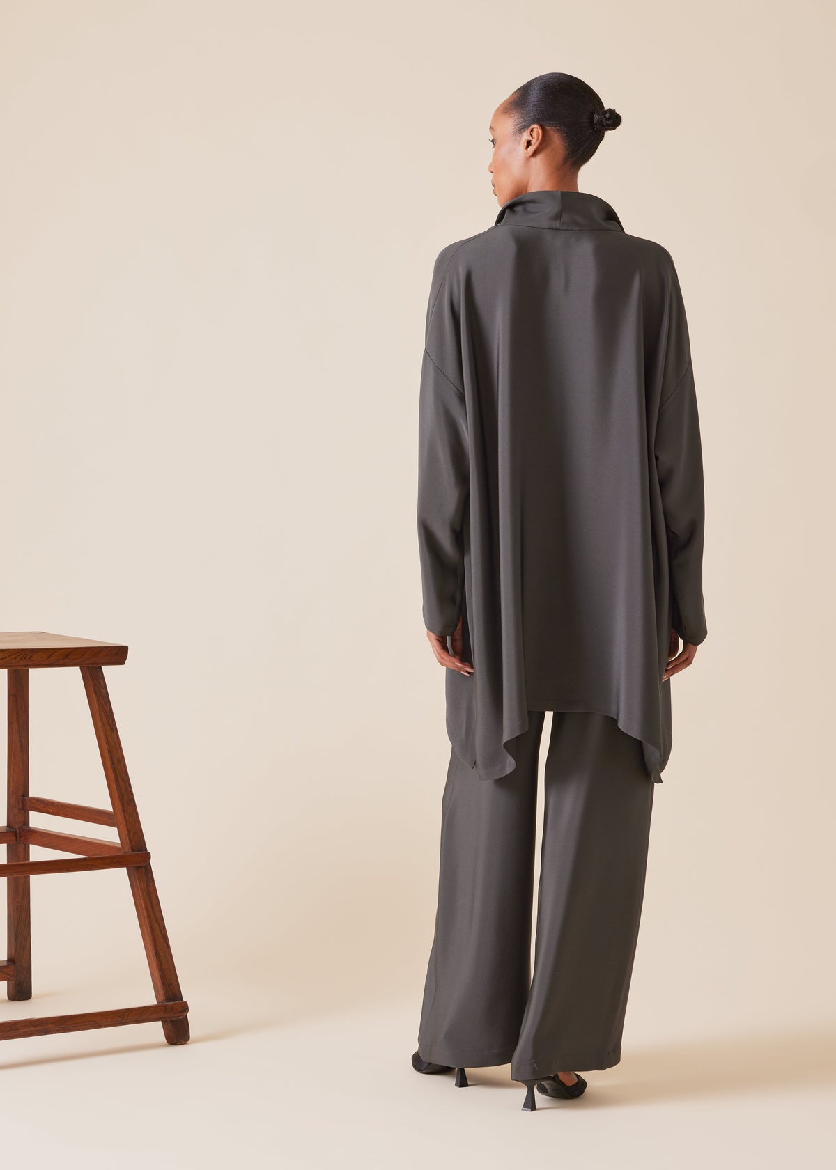 wide a-line shirt with open standup collar  - long plus
