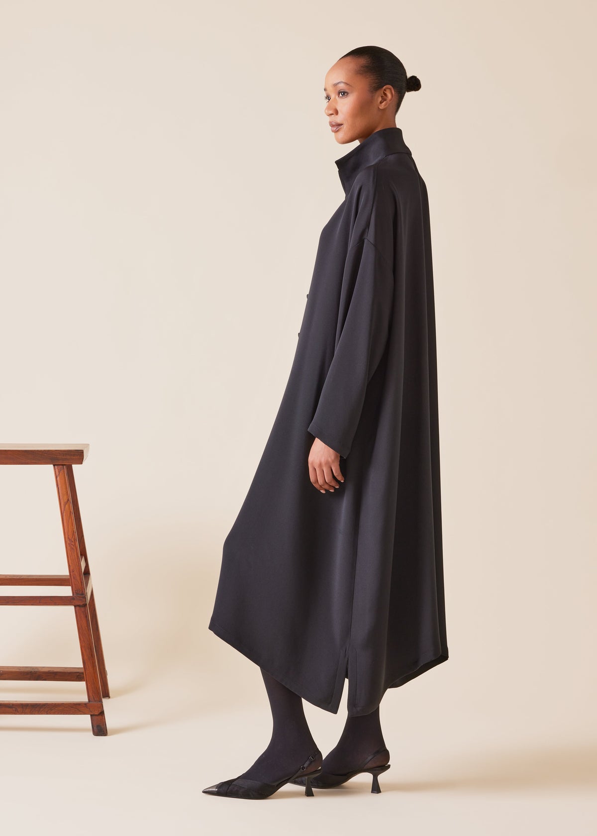 silk wide a-line shirt dress with open standup collar