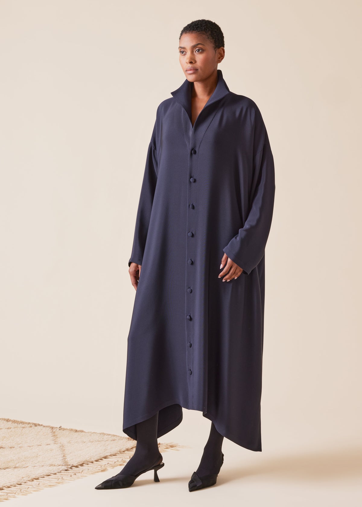 silk wide a-line shirt dress with open standup collar