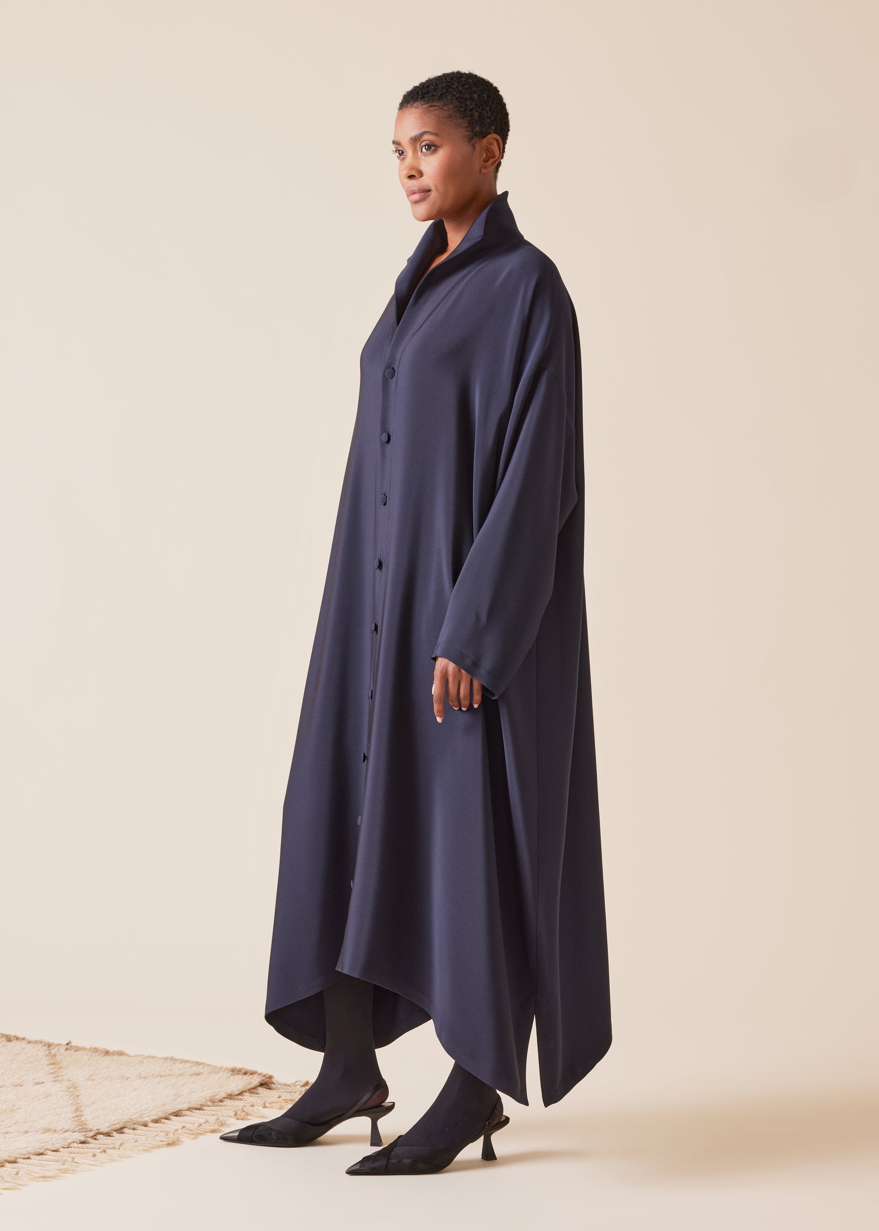 silk wide a-line shirt dress with open standup collar