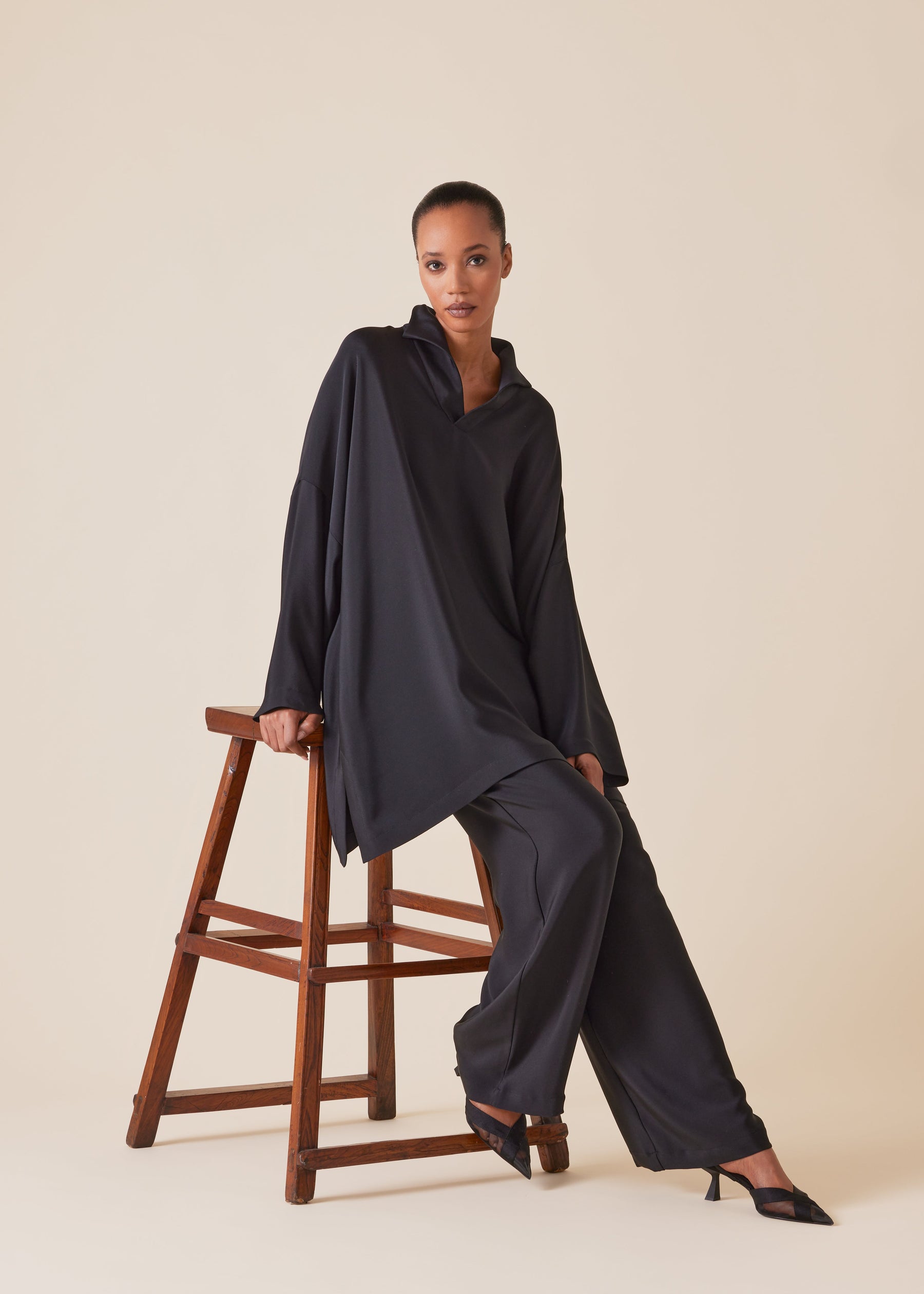 silk imperial tunic with open stand collar - long plus