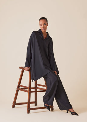 silk imperial tunic with open stand collar - long plus