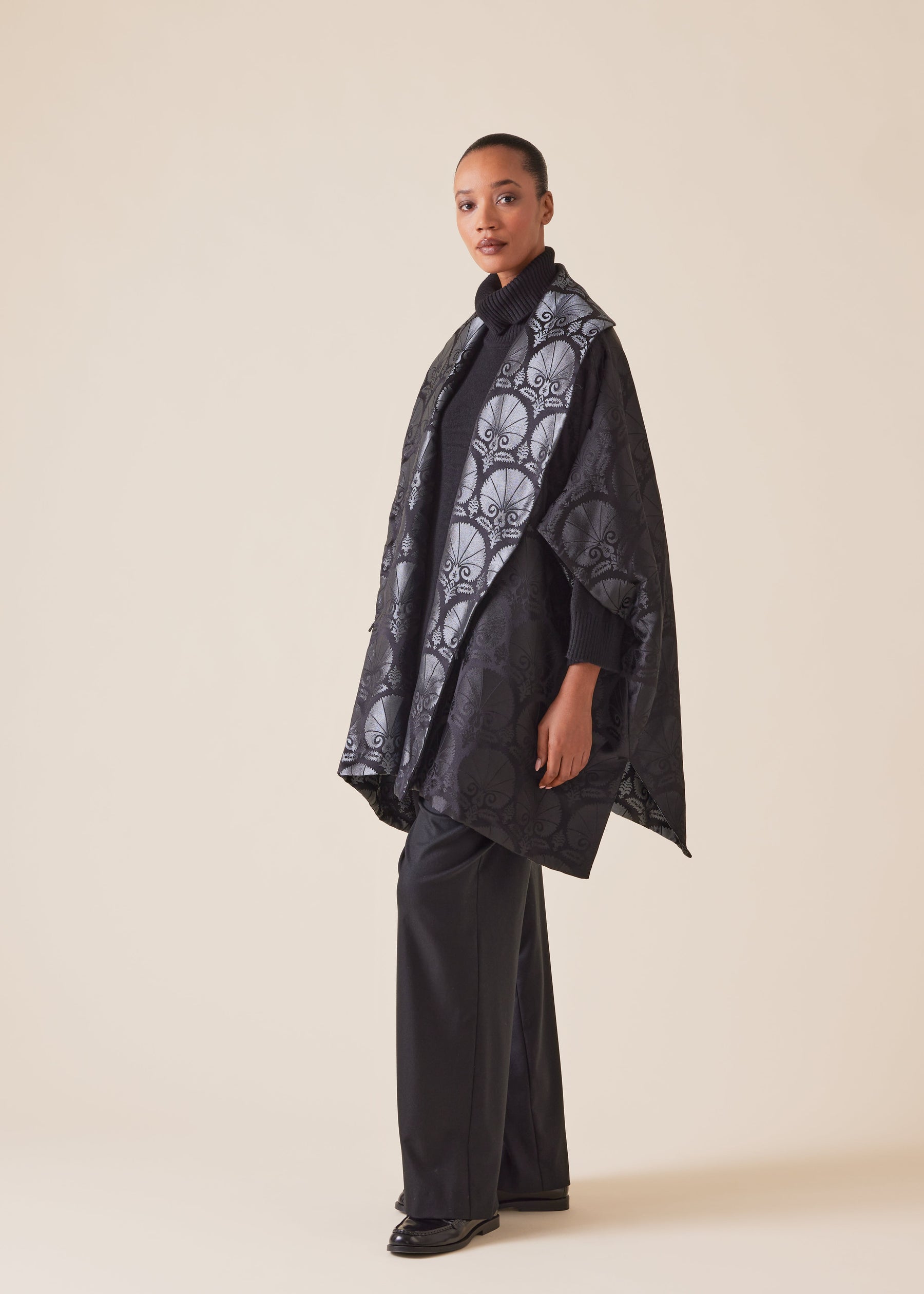 silk mix sloped shoulder shawl collar sleeveless jacket - long plus (reversible)