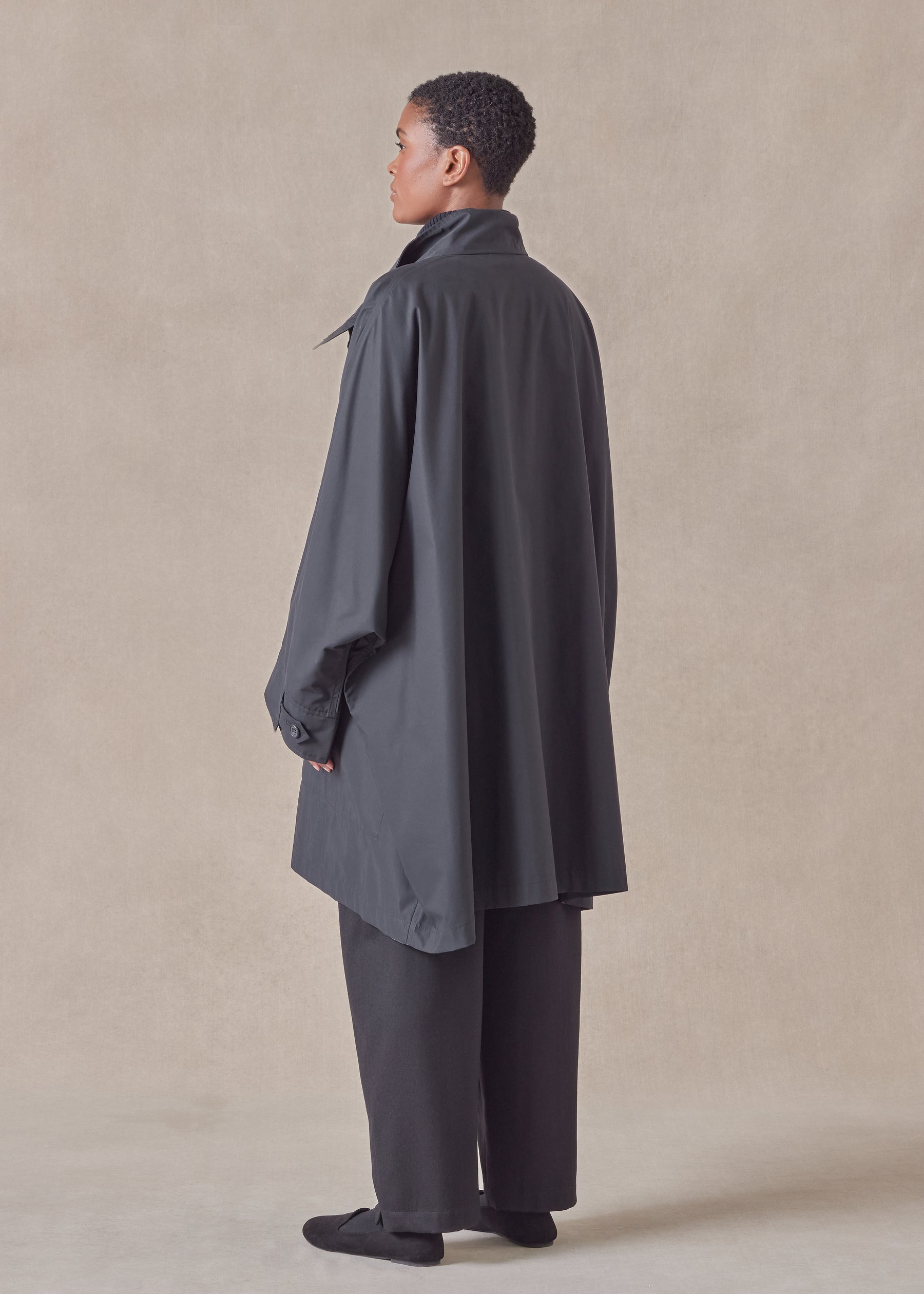 cotton mix extra wide sloped shoulder raincoat with tabs - very long